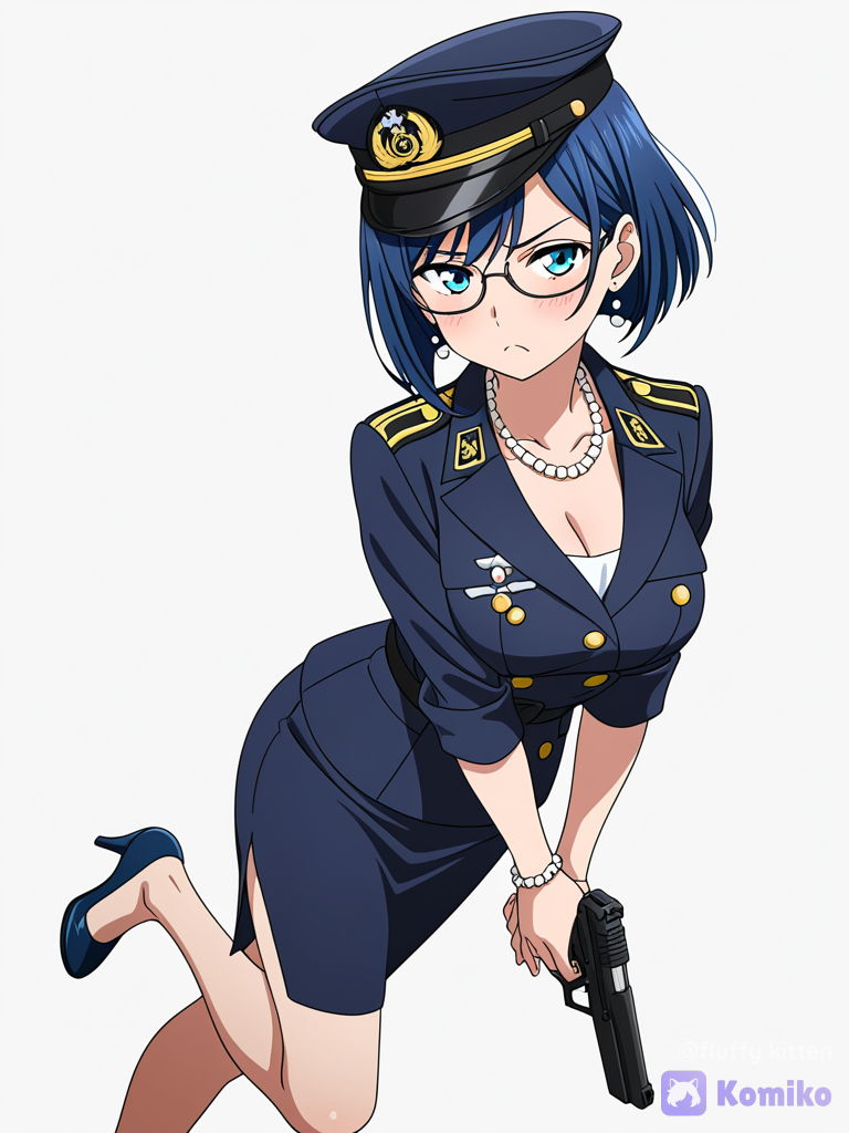 [bold-anime-screencap-style]1girl, hold gun, blush, frown, navy military jacket, evening dress, feather hat, glasses, earrings, bracelet, necklace, pearls, blue hair, bob cut, sandal heels, white background