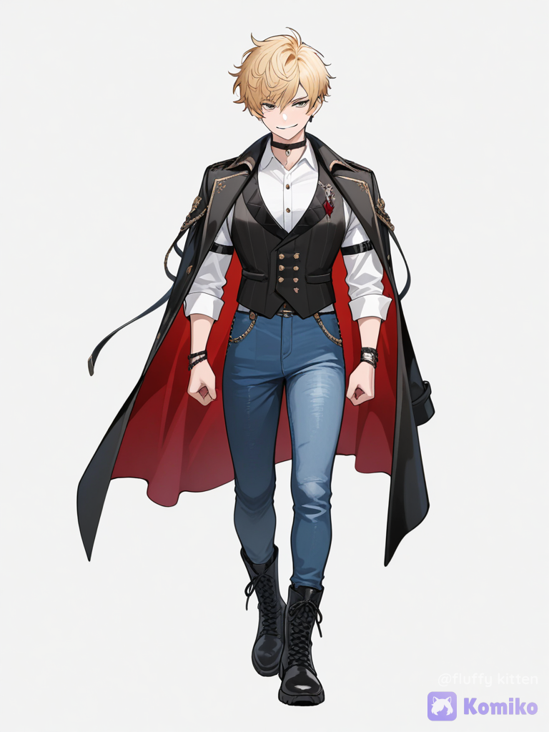 1boy 27 years old, smirk, long sleeve polo shirt, black silk button up vest, jeans, silk, noble outfit, jacket cape, arm bands, choker, blonde hair, pixie cut, spiky hair, knee-high boots, combat boots, full body, looking at viewer, white background