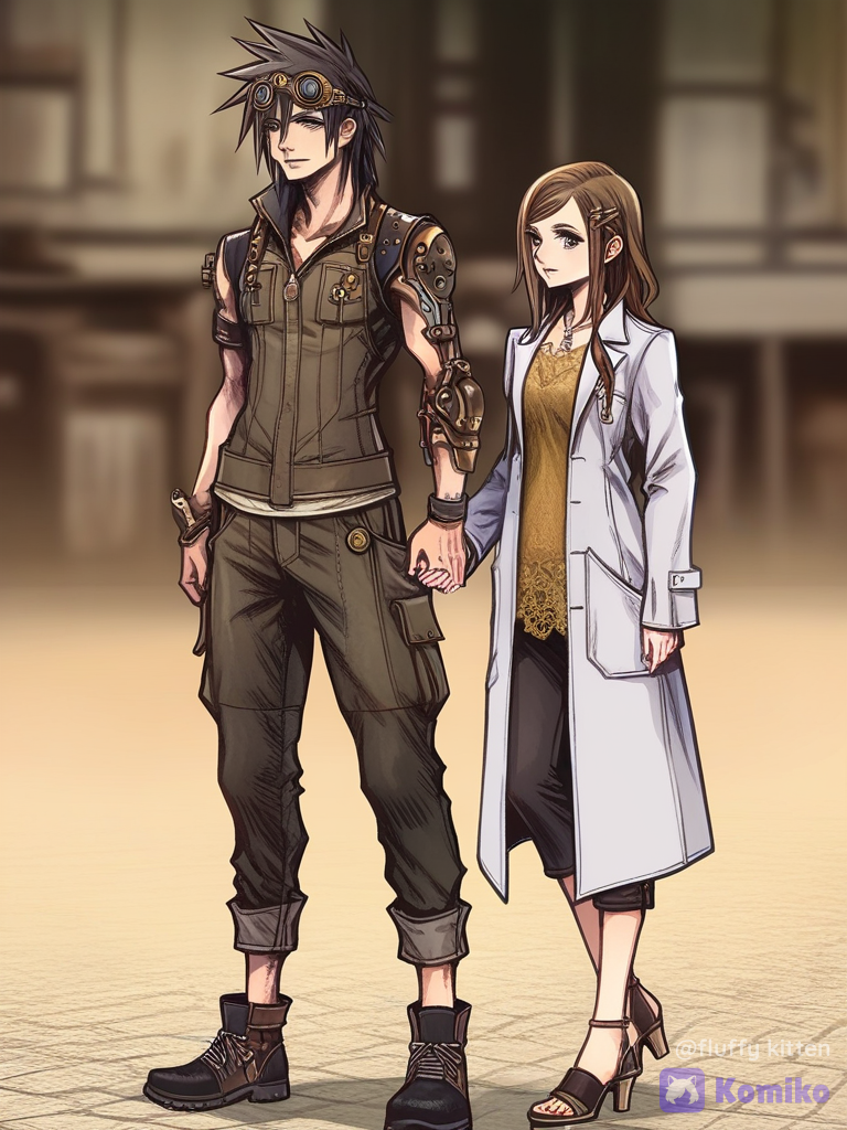 [classic-jrpg-style], 1boy 27 years old, 1girl 27 years old, 2people, holding hands, lace blouse (the girl), lab coat (the boy), cargo pants(the boy), capri pants (the girl), hair clip (the girl), steampunk goggles (the boy), silver beaded hair (the girl), brown hair (the boy), strappy heels (the girl), boots (the boy), silver eyes (the girl), brown eyes (the boy), full body, looking at viewer, white background