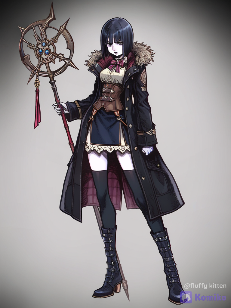 [classic-jrpg-style], 1girl 27 black hair, hold staf, leaning against wall, angry, fur collar coat, corset top, high-waist skirt, battle outfit, assassin, lace, silk, translucent fabric, bow tie, jewelry, black hair, straight bangs, bob cut, knee-high boots, full body, looking at viewer, white background