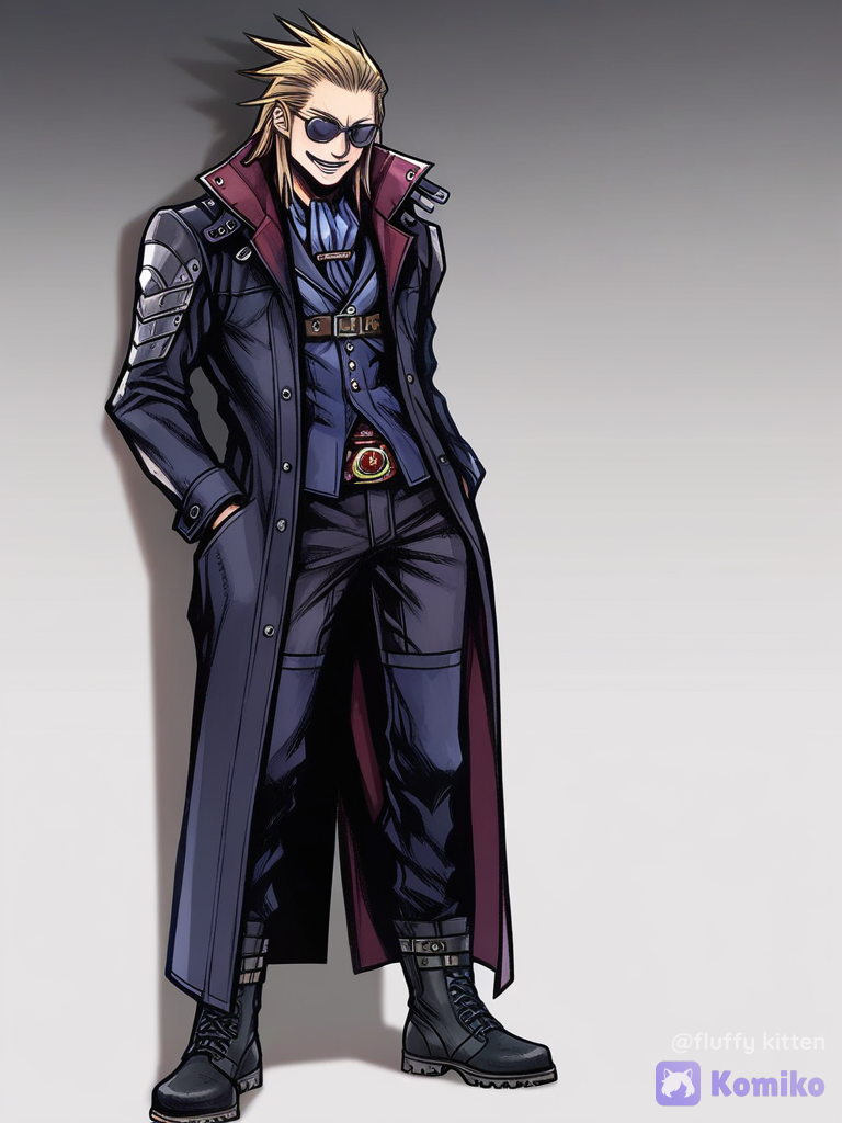 [classic-jrpg-style], 1boy 27 years old, leaning against wall, hands in pockets, evil smile, chest harness, long coat, wide-leg pants, battle outfit, assain, leather, sherpa, tie, sunglasses, slicked-back hair, blonde hair, combat boots, full body, looking at viewer, white background