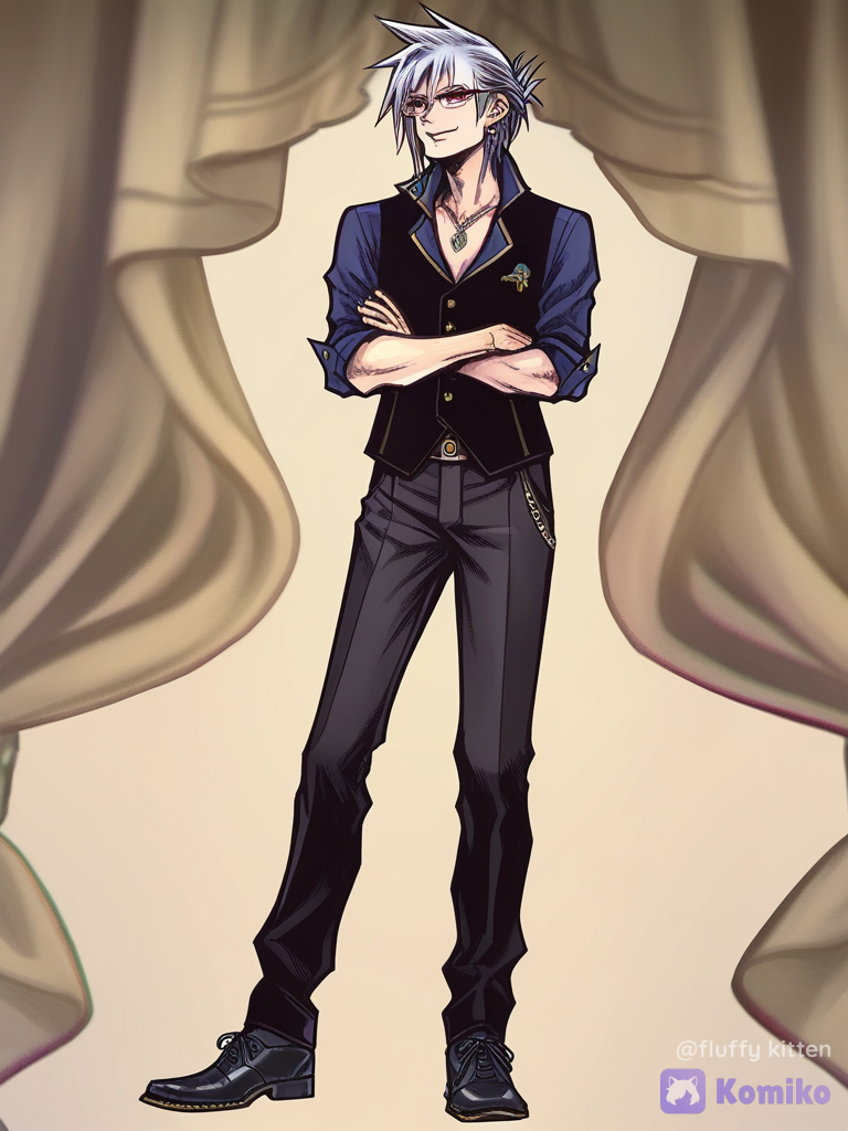 [classic-jrpg-style], 1boy 35 years old, arms crossed, smirk, vest, polo shirt, casual pants, noble outfit, silk, glasses, diamond necklace, earrings, slip-on shoes, long silver hair, red eyes, full body, looking at viewer, white background