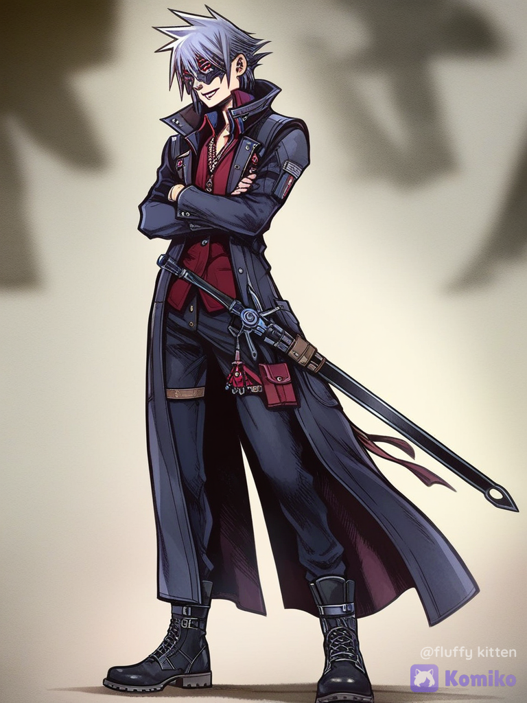 [classic-jrpg-style], 1boy 35 years old, arms crossed, evil smirk, vest, polo shirt, long coat, casual pants, battle outfit, assassin￼, silk, diamond necklace, earrings, glasses, face mask, silver short hair, red eyes, combat boots, sword