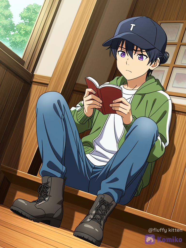 [bold-anime-screencap-style], 1boy 16 years old, green outdoor adventure jacket, jeans, book, baseball cap, black hair, man bun, combat boots, looking at phone, disappointed, purple eyes, cafe, day, full body