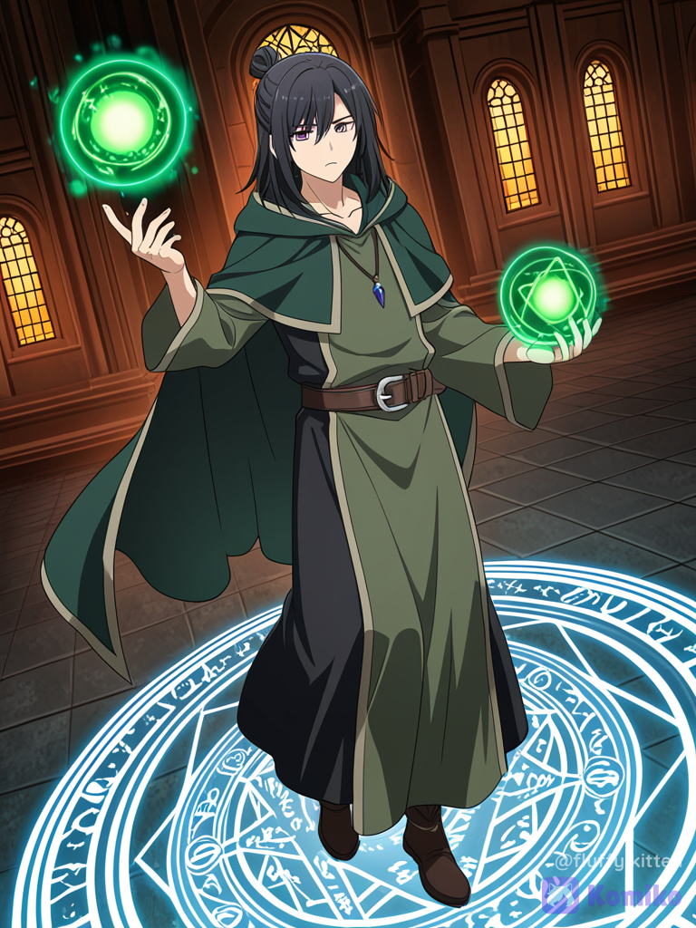 [bold-anime-screencap-style], 1boy 16 years old, black hair, man bun, disappointed, purple eyes, hold magic, dark green and grey mage robe, magic orb, necklace, full body, clock tower