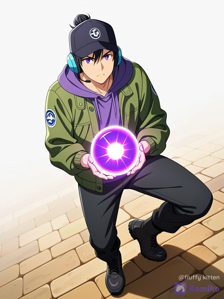 [bold-anime-screencap-style], 1boy 18 years old, green outdoor adventure jacket, battle outfit, headphones, magic orb, baseball cap, black hair, man bun, combat boots, white background, cinematic lighting, full body, purple eyes