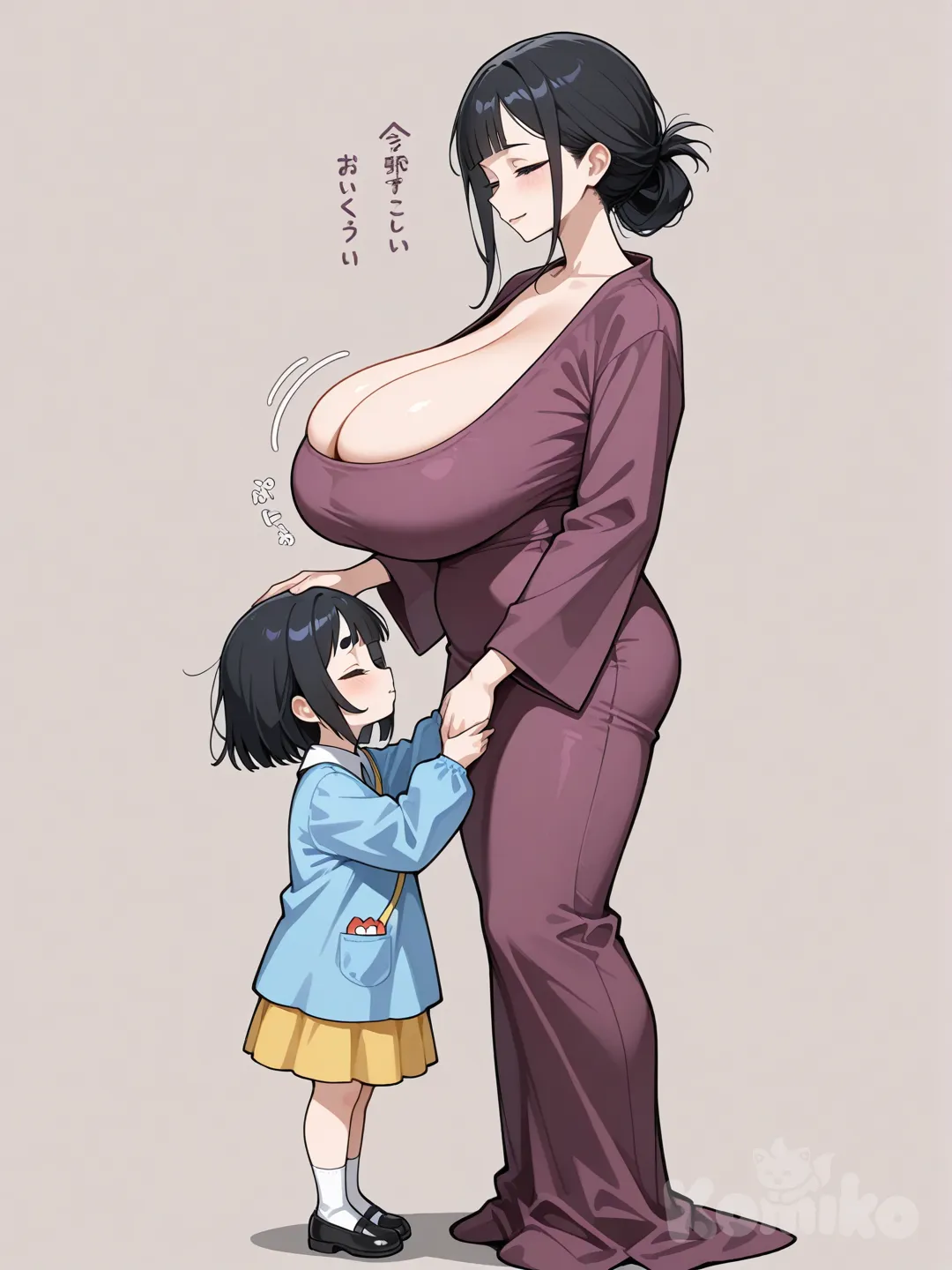 Only two person remained. And 2 characters,And 2 characters, Marebel(メアベル) Meabel (メアベル)(Her profession is " female monk". She has a cunning and manipulative personality. After conquering the "Lamentation Cemetery", she joined a party led by Elma along with Celt. ,above-eyebrow bangs,Short bangs,Long black hair with micro bangs,Character Settings( from The Exiled Heavy Knight Knows How to Game the System.Squinting eyes, eyes closed ,eyes not open.bangs. , full bodies visible, sagging breasts Extremely large breasts,Marebel (メアベル) Outfit: Bodycon Skirt Super-large breasts (J-cup). Marebel(メアベル) Mature woman Height 190cm Marebel is dressed in a mother's outfit, specifically a low-cut dress. Her child stands beside her, and she is holding a child who looks remarkably like her. The child, who is 125 cm tall, is wearing a Japanese kindergarten uniform.