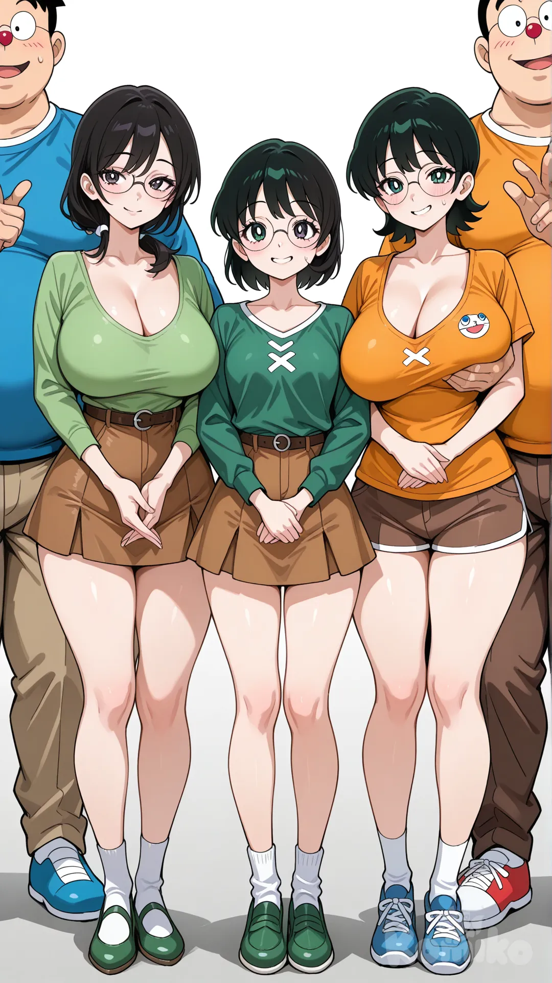 18+,three characters, (three people: 1.3), (lineup of 3: 1.3), standing side by side, left character, center character, right character, left: (Suneo Honekawa from Doraemon : 0.9), (fake smile: 1.3), sweat, (hands onbreech : 1.3), center:(Nobita Nobi from Doraemon : 1.3), (: 1.2), right:(Takeshi Goda from Doraemoni: 1.2, smug),(From behind hands left breast h: 1.3), Nobita Nobi(野比 のび太, Nobi Nobita)s the co-protagonist of the series. Super-large breasts (L-cup).Gender-swapped beauties, Nobita Nobi(野比 のび太, Nobi Nobita)Tall and beautiful woman.Large breasts.He wears glasses, Low-cut short skirt, cleavage visible Nobita Nobi(野比 のび太, Nobi Nobita) Clothing and appearance:Mature woman in low-cut short dress From Doraemon,Nobita Nobi Super-large breasts (L-cup), Takeshi Goda from Doraemon ,A tall, fat man. Clothing: Most famously an orange T-shirt (sometimes with a red or yellow stripe) and brown or gray trousers, with blue shoes. Distinguishing Features: Suneo Honekawa from Doraemon,Short, skinny man, Face: Fox-like, often compared to a fox, which he inherited from his mother. Hair: Spiky, black hair, sometimes described as sharp. Clothing: Often sports a green shirt or overshirt (his signature color), paired with brown shorts, white socks, and green shoes, though he wears various outfits. three characters, (three people: 1.3), (lineup of 3: 1.3), standing side by side, left character, center character, right character, left: (Suneo Honekawa from Doraemon skinny man, : 0.9), (fake smile: 1.3), sweat, (hands onbreech : 1.3), center:(Nobita Nobi from Doraemon Super-large breasts (L-cup), : 1.3), (: 1.2), right:(Takeshi Goda from Doraemoni A tall, fat man.: 1.2, smug),(left hand From behind hands left breast h: 1.3)