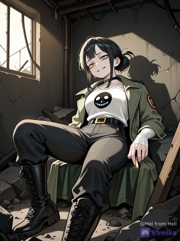 My hero Academia style, anime screenshot, 1girl, mature, pale skin, white shirt with dead smiley face printed on shirt, green grunge trench coat, black tight pants, combat boots with buckles, bandaged arms and hands, black hair, messy bun, yellow eyes, choker, holding cigarette, tired, smirk, abandoned villain's lair, image, leaning back