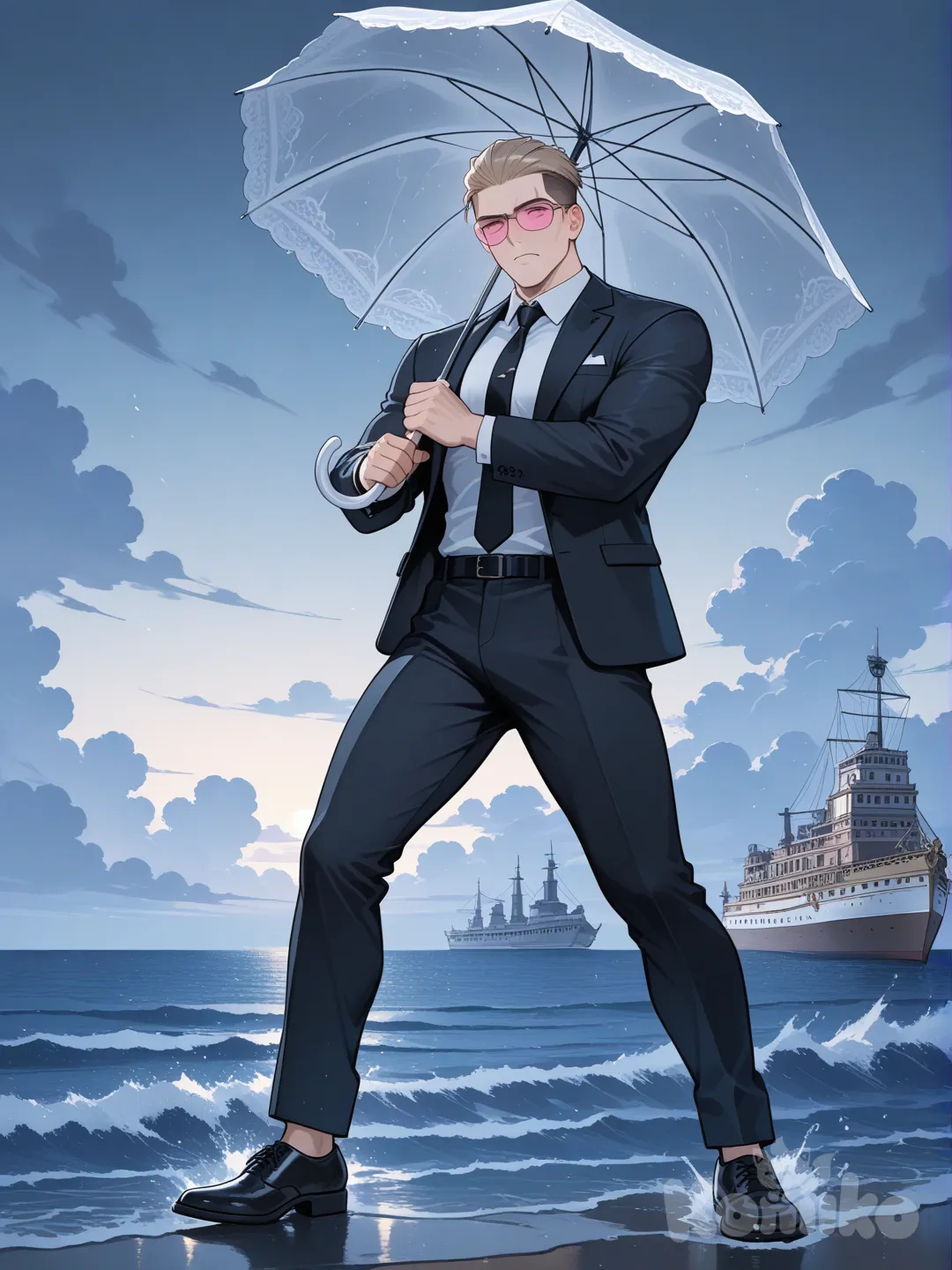 Молодой специалист ростом 195 , весом 90 килограмм , спортивного телосложения, русые волосы , прическа махачкалинка , розовые очки , строгий кастюм черного цвета, с зонтом, стоит на носу титаника