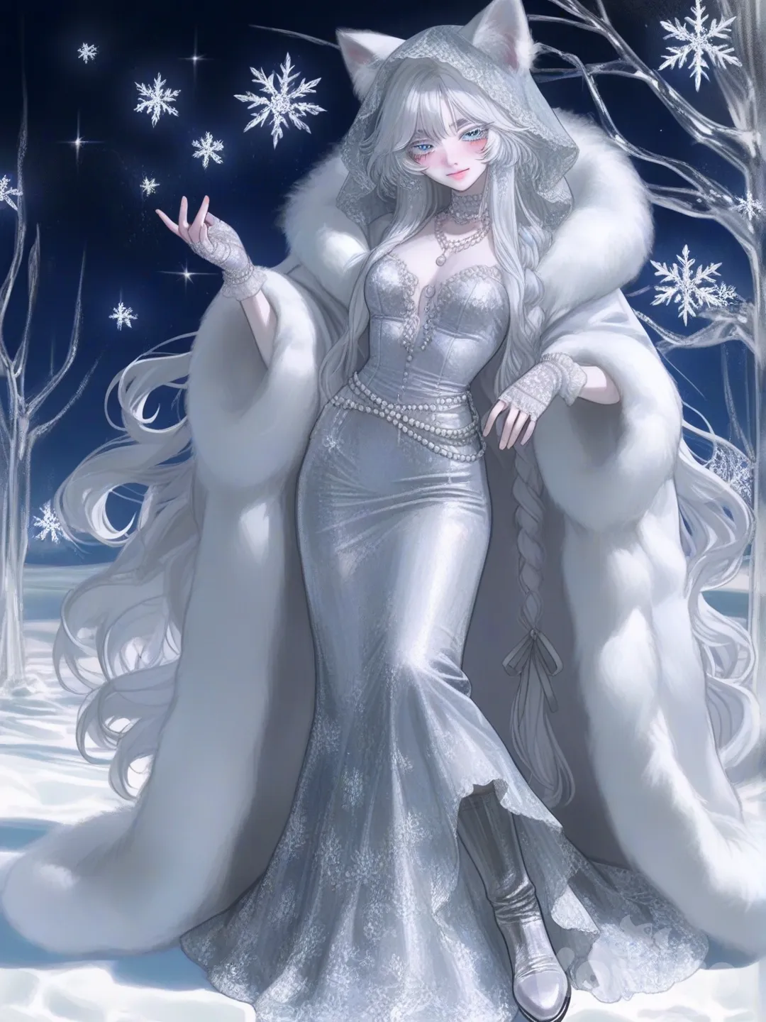 [semi-realistic-portrait-style]Конечно! Вот детальное, почти художественное описание внешности «самой красивой русской Снегурочки» — собирательного образа, вобравшего в себя лучшие черты из сказок, фильмов и новогодних представлений.

Общее впечатление

Это не просто девушка в костюме, а воплощение зимней магии. Она кажется одновременно воздушной, как первый снегопад, и царственной, как морозная звездная ночь. В её облике нет ничего земного или обыденного — она словно соткана из света луны, хрустального инея и девичьих грёз.

Лицо

· Форма: Овальное, с мягкими, изящными чертами. Лицо напоминает драгоценную фарфоровую куколку, но оживлённую живым румянцем.
· Кожа: Идеально белая, фарфоровая, с лёгким полупрозрачным холодным сиянием, словно изнутри подсвечена лунным светом. На самых высоких скулах — нежный, размытый румянец, точь-в-в-точь как отпечатки утренней зари на снегу.
· Брови: Тонкие, изогнутые, как крылья ласточки, чуть темнее волос. Придают лицу выражение лёгкого удивления и чистоты.
· Глаза — самая выразительная черта. Большие, широко распахнутые, миндалевидной формы. Цвет: Небесно-голубой, синий с фиалковым отливом или серебристо-стальной — как замёрзшее озеро, в котором отражается зимнее небо. Взгляд глубокий, ясный, немного наивный и бесконечно добрый. Ресницы длинные, пушистые, белоснежные или с инеем, будто припорошенные крошечными снежинками.
· Нос: Аккуратный, прямой, с милой «пуговкой» на кончике.
· Губы: Не полные, а изящные, с чётким контуром. Их цвет — нежная зимняя ягода: мягкий розово-коралловый, малиновый или холодный розовый. Они кажутся прохладными, но улыбка, которая появляется на них, мгновенно согревает, как луч зимнего солнца.

Волосы

Чаще всего это густая, волнистая коса до пояса или даже ниже. Она не просто светлая, а белоснежно-серебристая, как только что выпавший снег под лунным светом. В косу вплетены жемчужные нити, серебряные ленты и крошечные кристаллики-сосульки, которые тихо звенят при движении. Иногда волосы могут быть распущены роскошными волнами, и тогда кажется, что это сам снежный вихрь окутал её плечи. На голове — традиционный кокошник, но не просто головной убор, а дивное произведение искусства.

Кокошник и головной убор

Кокошник — главный акцент. Он сделан из серебряной парчи или бархата синего, голубого или серебристого цвета. Расшит сложнейшим узором жемчугом, речным жемчугом, серебряными нитями и имитацией алмазной россыпи (стразами). Узор напоминает морозные цветы на окне или северное сияние. От кокошника может ниспадать лёгкая, полупрозрачная фата из серебристого тюля, покрытая вышивкой в виде снежинок.

Фигура

Стройная, высокая и грациозная. Движения плавные, словно она не идёт, а скользит по снегу, не оставляя следов. Её осанка прямая и гордая, как у лесной царевны.

Костюм (шубка и платье)

Костюм двухслойный, сочетающий теплую шубку и лёгкое платье.

1. Верхняя шубка (короткая или до колен): Из белого, серебристого или нежно-голубого искусственного меха (сейчас часто используют экологичные материалы). Мех пушистый и искрящийся. Шубка оторочена снежно-белым пухом по краям рукавов, капюшона и подола. Застёгивается на филигранные серебряные застёжки в виде снежинок или хрустальные пуговицы.
2. Платье под шубкой: Длинное, струящееся, из голубого, серебристого или белого атласа, шёлка или парчи. Подол и рукава украшены ажурной вышивкой серебряными нитями в виде извилистых ледяных узоров и уникальных снежинок. Платье перехвачено у талии ажурным поясом с ледяным кристаллом в центре.

Аксессуары

· Руки: Тонкие длинные пальцы. На руках могут быть ажурные серебряные перчатки без пальцев, отороченные пухом.
· Украшения: Всё подчинено теме зимы: серьги-сосульки, ожерелье из «льдинок» (хрусталь или стекло), браслет из серебряной проволоки.
· Обувь: Сапожки из серебристой парчи или белого бархата на небольшом каблучке, также отороченные мехом. Или легкие, ажурные полусапожки, будто сплетённые из морозного узора.

Аура и магия

От неё исходит лёгкое свечение и тонкий аромат свежести — смесь хвои, мандарина и холодного зимнего воздуха. Когда она появляется, вокруг словно становится тише, а воздух наполняется мерцанием невидимых снежинок. Её красота — не земная, а волшебная, зимняя, девственно-чистая и добрая. Она — дочь Мороза и Весны, и в её облике живёт эта двойственность: холодная внешность и тёплое, отзывчивое сердце.

Этот образ создан для того, чтобы вызывать веру в чудо, ощущение праздника и безмятежной зимней сказки.