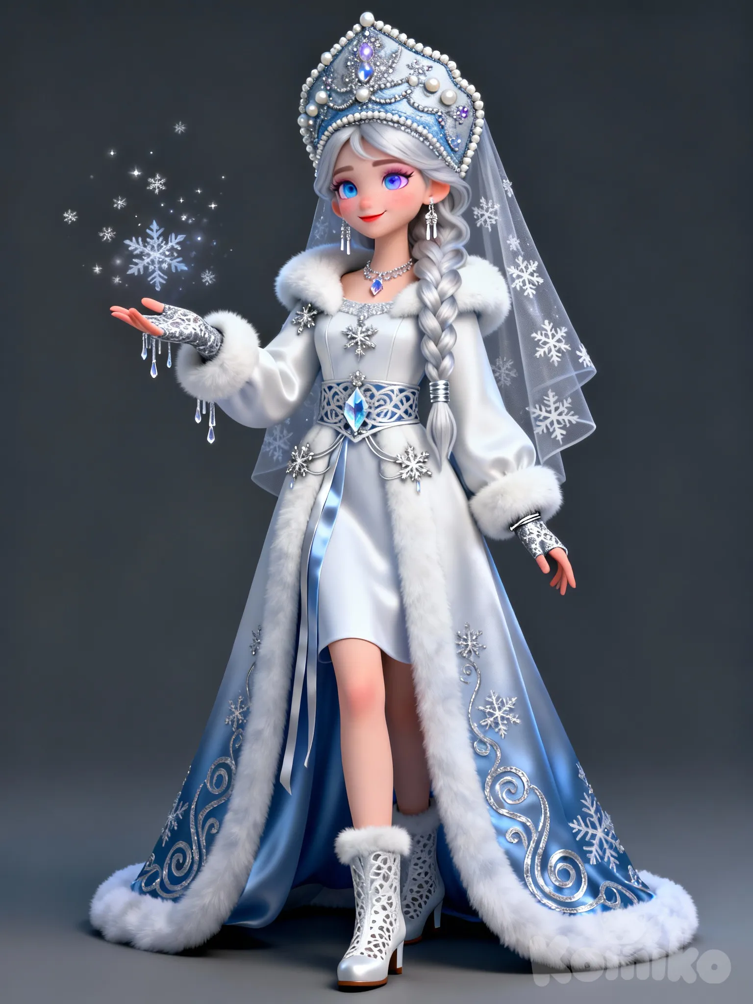 Конечно! Вот детальное, почти художественное описание внешности «самой красивой русской Снегурочки» — собирательного образа, вобравшего в себя лучшие черты из сказок, фильмов и новогодних представлений.

Общее впечатление

Это не просто девушка в костюме, а воплощение зимней магии. Она кажется одновременно воздушной, как первый снегопад, и царственной, как морозная звездная ночь. В её облике нет ничего земного или обыденного — она словно соткана из света луны, хрустального инея и девичьих грёз.

Лицо

· Форма: Овальное, с мягкими, изящными чертами. Лицо напоминает драгоценную фарфоровую куколку, но оживлённую живым румянцем.
· Кожа: Идеально белая, фарфоровая, с лёгким полупрозрачным холодным сиянием, словно изнутри подсвечена лунным светом. На самых высоких скулах — нежный, размытый румянец, точь-в-в-точь как отпечатки утренней зари на снегу.
· Брови: Тонкие, изогнутые, как крылья ласточки, чуть темнее волос. Придают лицу выражение лёгкого удивления и чистоты.
· Глаза — самая выразительная черта. Большие, широко распахнутые, миндалевидной формы. Цвет: Небесно-голубой, синий с фиалковым отливом или серебристо-стальной — как замёрзшее озеро, в котором отражается зимнее небо. Взгляд глубокий, ясный, немного наивный и бесконечно добрый. Ресницы длинные, пушистые, белоснежные или с инеем, будто припорошенные крошечными снежинками.
· Нос: Аккуратный, прямой, с милой «пуговкой» на кончике.
· Губы: Не полные, а изящные, с чётким контуром. Их цвет — нежная зимняя ягода: мягкий розово-коралловый, малиновый или холодный розовый. Они кажутся прохладными, но улыбка, которая появляется на них, мгновенно согревает, как луч зимнего солнца.

Волосы

Чаще всего это густая, волнистая коса до пояса или даже ниже. Она не просто светлая, а белоснежно-серебристая, как только что выпавший снег под лунным светом. В косу вплетены жемчужные нити, серебряные ленты и крошечные кристаллики-сосульки, которые тихо звенят при движении. Иногда волосы могут быть распущены роскошными волнами, и тогда кажется, что это сам снежный вихрь окутал её плечи. На голове — традиционный кокошник, но не просто головной убор, а дивное произведение искусства.

Кокошник и головной убор

Кокошник — главный акцент. Он сделан из серебряной парчи или бархата синего, голубого или серебристого цвета. Расшит сложнейшим узором жемчугом, речным жемчугом, серебряными нитями и имитацией алмазной россыпи (стразами). Узор напоминает морозные цветы на окне или северное сияние. От кокошника может ниспадать лёгкая, полупрозрачная фата из серебристого тюля, покрытая вышивкой в виде снежинок.

Фигура

Стройная, высокая и грациозная. Движения плавные, словно она не идёт, а скользит по снегу, не оставляя следов. Её осанка прямая и гордая, как у лесной царевны.

Костюм (шубка и платье)

Костюм двухслойный, сочетающий теплую шубку и лёгкое платье.

1. Верхняя шубка (короткая или до колен): Из белого, серебристого или нежно-голубого искусственного меха (сейчас часто используют экологичные материалы). Мех пушистый и искрящийся. Шубка оторочена снежно-белым пухом по краям рукавов, капюшона и подола. Застёгивается на филигранные серебряные застёжки в виде снежинок или хрустальные пуговицы.
2. Платье под шубкой: Длинное, струящееся, из голубого, серебристого или белого атласа, шёлка или парчи. Подол и рукава украшены ажурной вышивкой серебряными нитями в виде извилистых ледяных узоров и уникальных снежинок. Платье перехвачено у талии ажурным поясом с ледяным кристаллом в центре.

Аксессуары

· Руки: Тонкие длинные пальцы. На руках могут быть ажурные серебряные перчатки без пальцев, отороченные пухом.
· Украшения: Всё подчинено теме зимы: серьги-сосульки, ожерелье из «льдинок» (хрусталь или стекло), браслет из серебряной проволоки.
· Обувь: Сапожки из серебристой парчи или белого бархата на небольшом каблучке, также отороченные мехом. Или легкие, ажурные полусапожки, будто сплетённые из морозного узора.

Аура и магия

От неё исходит лёгкое свечение и тонкий аромат свежести — смесь хвои, мандарина и холодного зимнего воздуха. Когда она появляется, вокруг словно становится тише, а воздух наполняется мерцанием невидимых снежинок. Её красота — не земная, а волшебная, зимняя, девственно-чистая и добрая. Она — дочь Мороза и Весны, и в её облике живёт эта двойственность: холодная внешность и тёплое, отзывчивое сердце.

Этот образ создан для того, чтобы вызывать веру в чудо, ощущение праздника и безмятежной зимней сказки., [3d-anime-style]
