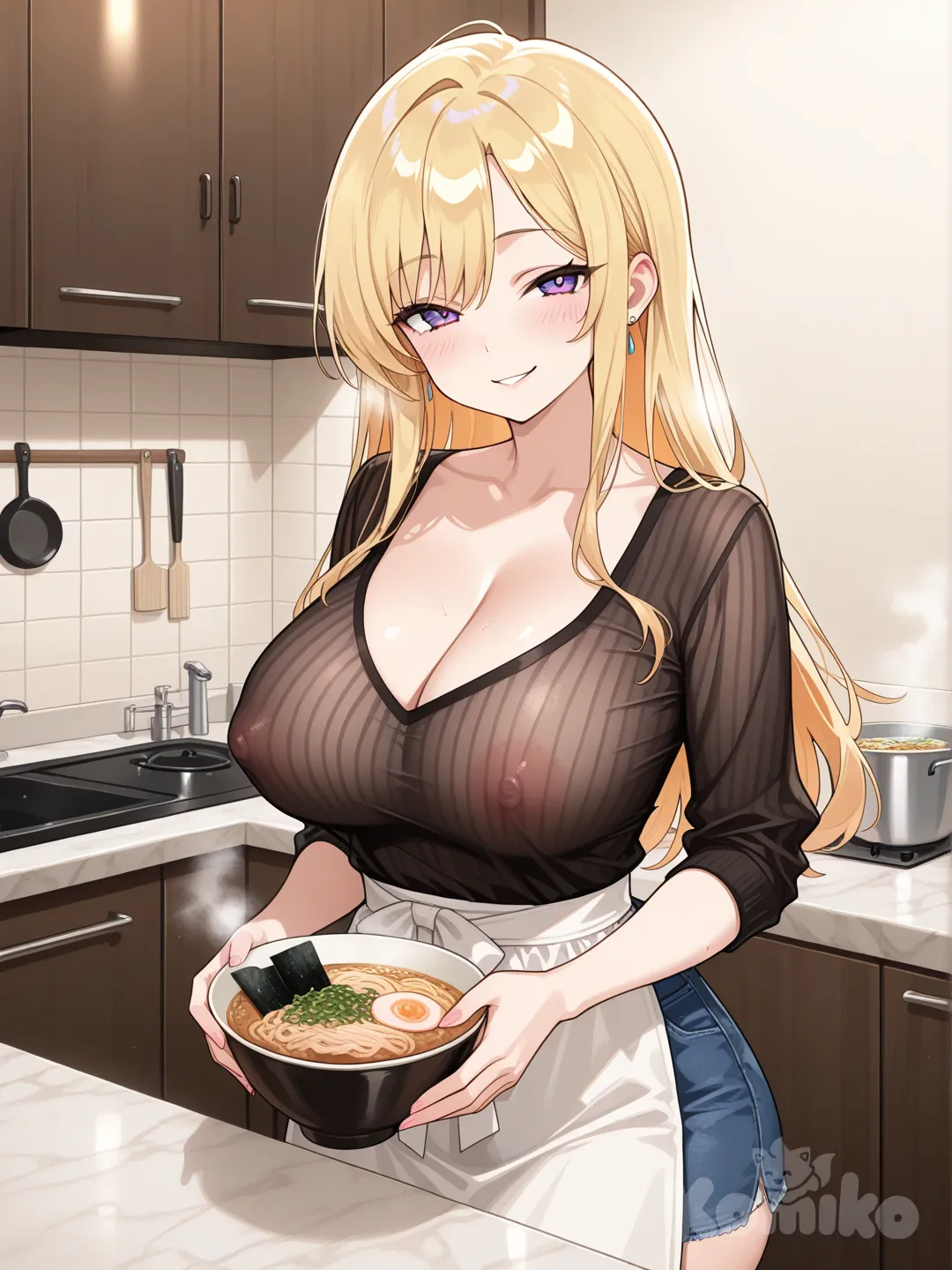 A very sexy woman with large breasts and a prominent cleavage can be seen; a bit of her underwear is visible and her nipples are clearly visible through her clothing. She is offering a bowl of ramen in a small, modern apartment. High-quality image.