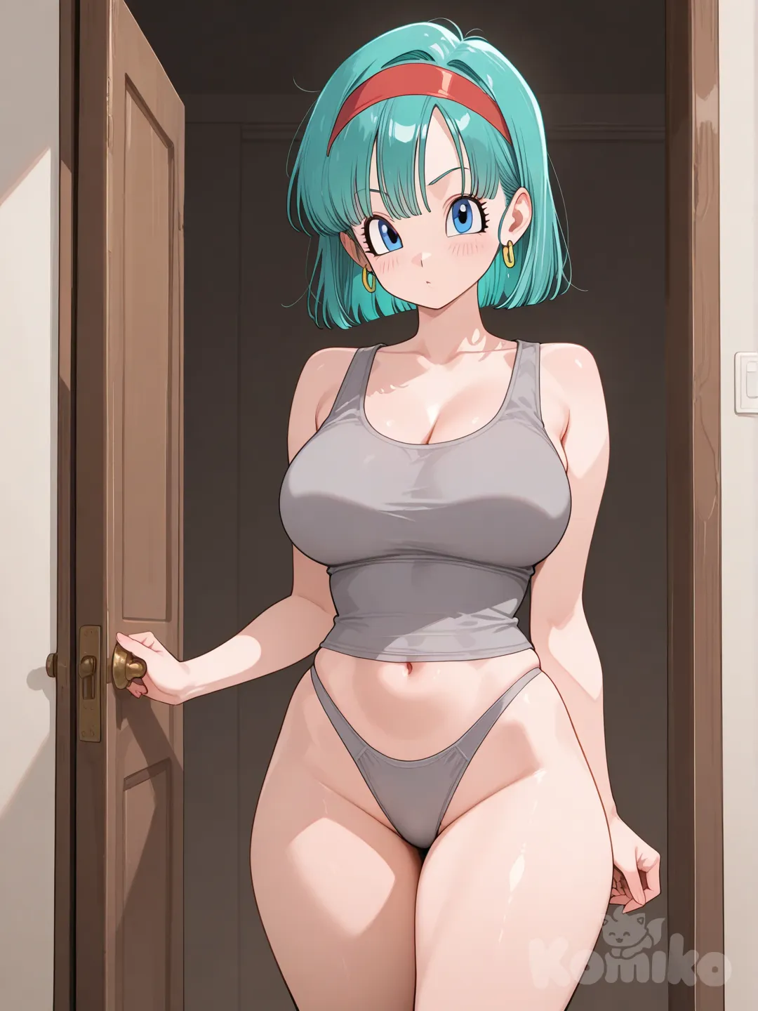 dragon ball z, bulma (dragon ball z), 1girl, large breasts, cyan hair, red hairband, short straight hair, grey tank top, grey highleg panties, standing