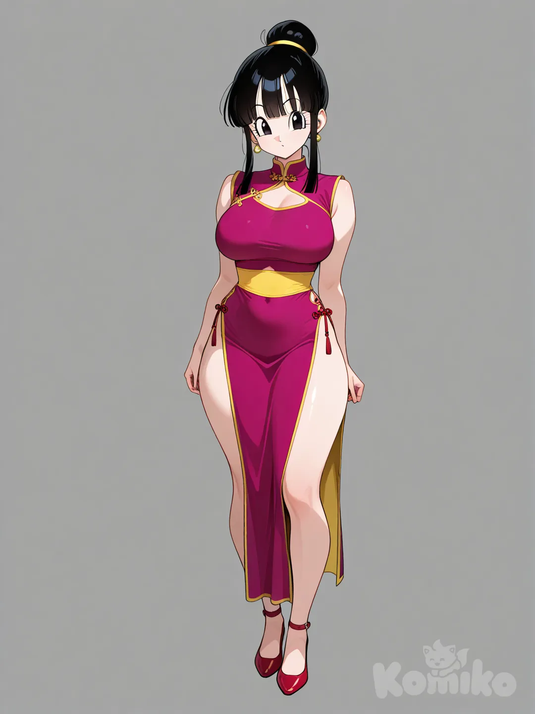 dragon ball z, chi-chi (dragon ball z), 1girl, large breasts, high bun, a sleeveless purple qipao with yellow trim, a yellow sash, standing