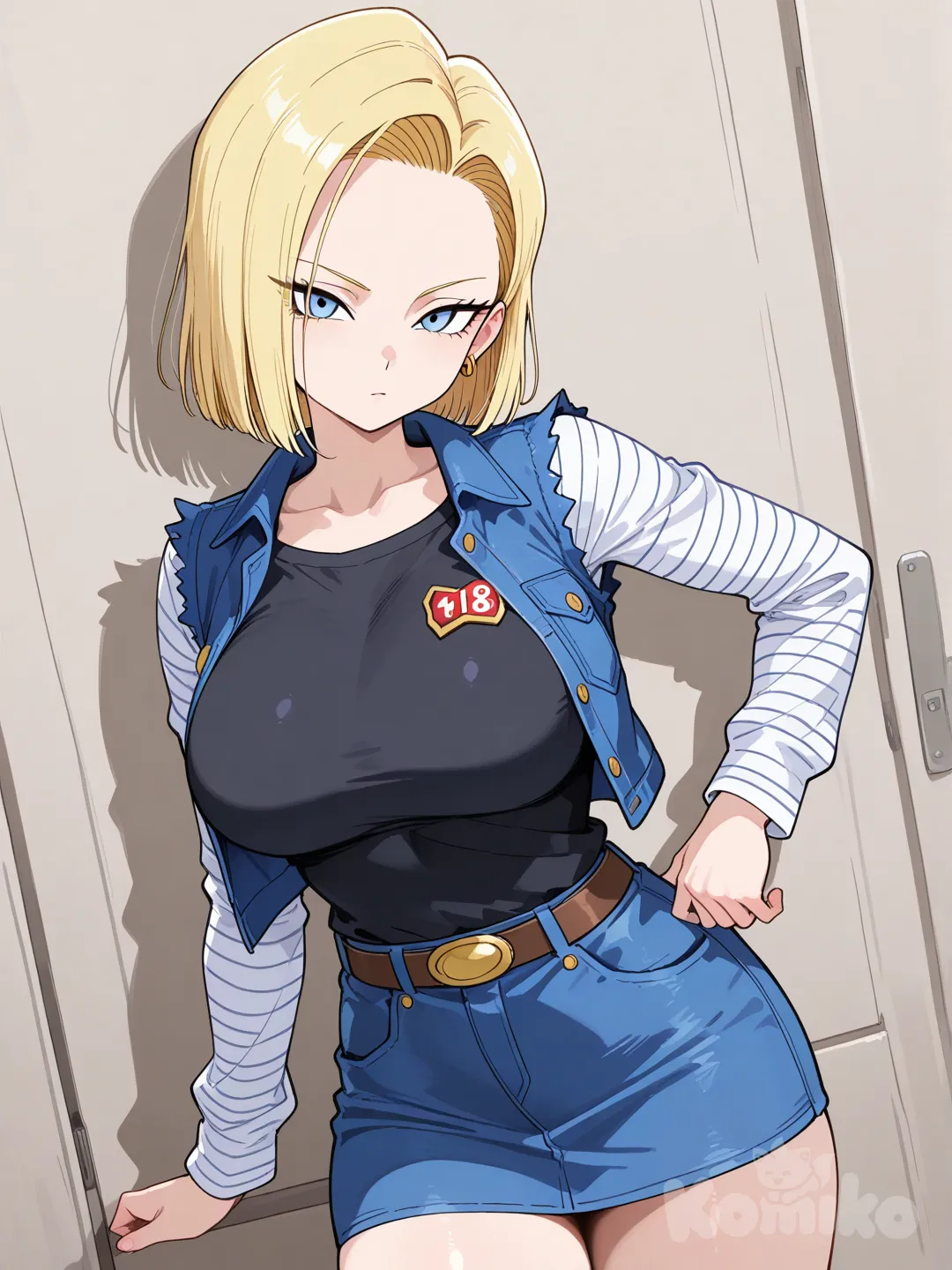 android 18, 1girl, large breasts, sleeveless denim vest, black short-sleeved t-shirt with long sleeves and black and white stripes, denim skirt, standing