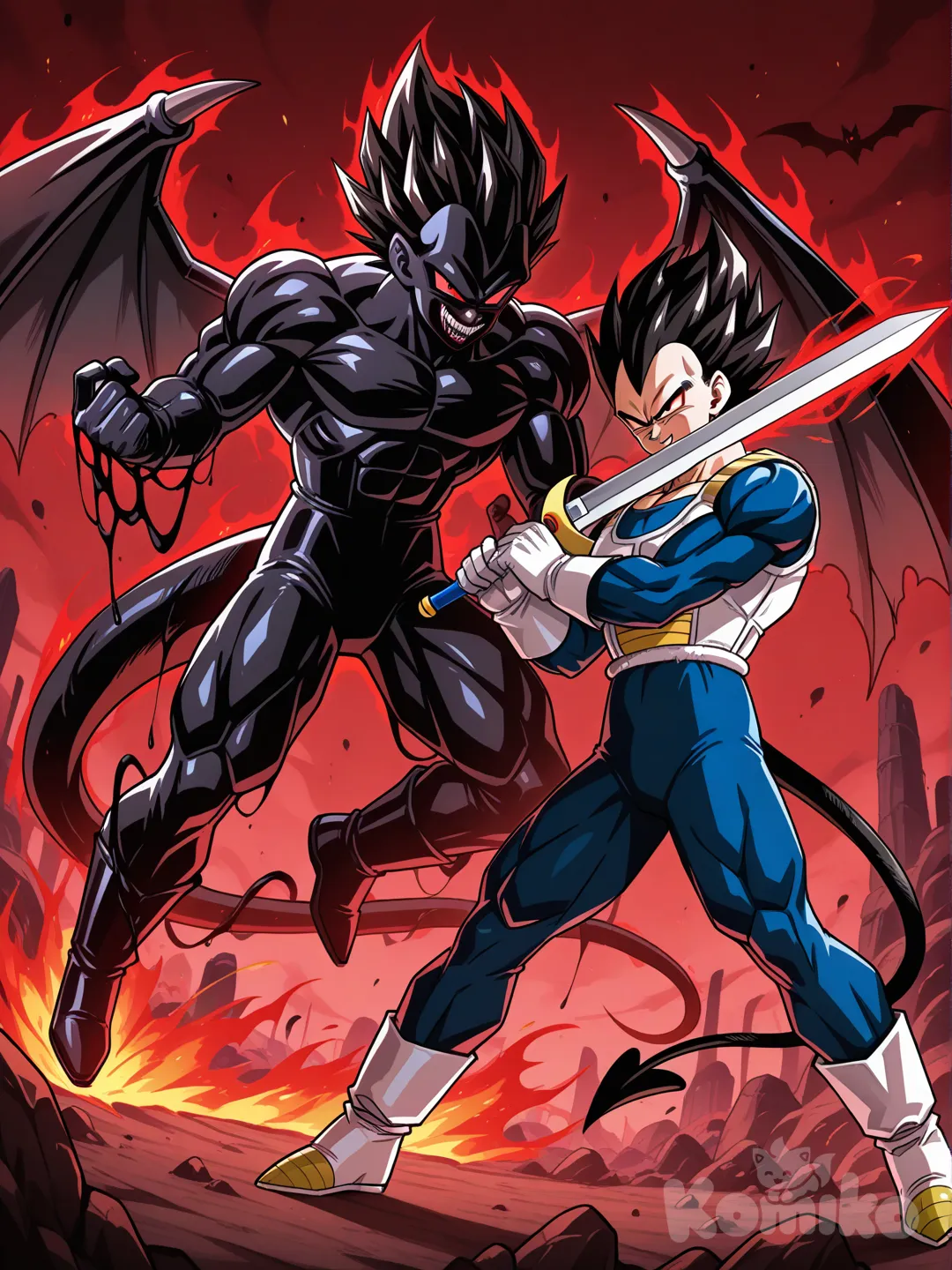 @Vegeta, in hell fighting the devil who stands 7 feet tall wrappped in black chains has four eyes, 2 black wings, a long black pointed tail, and the necrosword