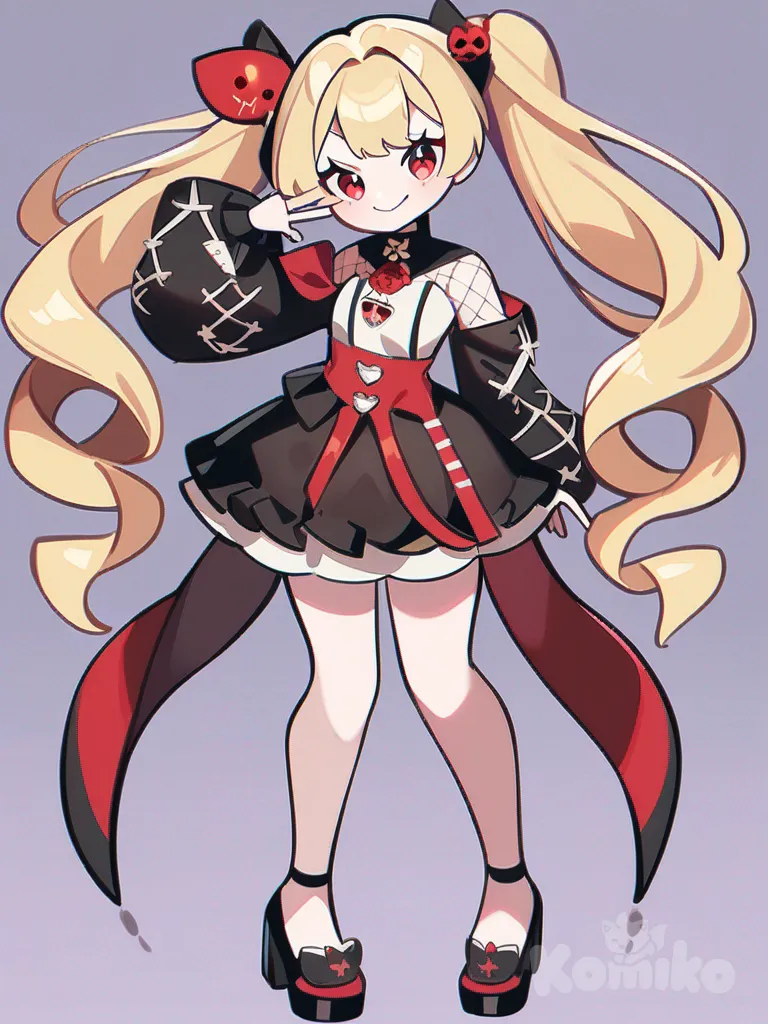 1girl, long flowing blond hair, twintails, bright red eyes, playful posture, intricate design, unique outfit, mischievous smile, cute, baddie, vocaloid, vtuber, villain, adorable, stylish, Alien Stage OC, Vivinos and Qmeng artstyle, single character, full body, looking at viewer, anime style, simple background, white background