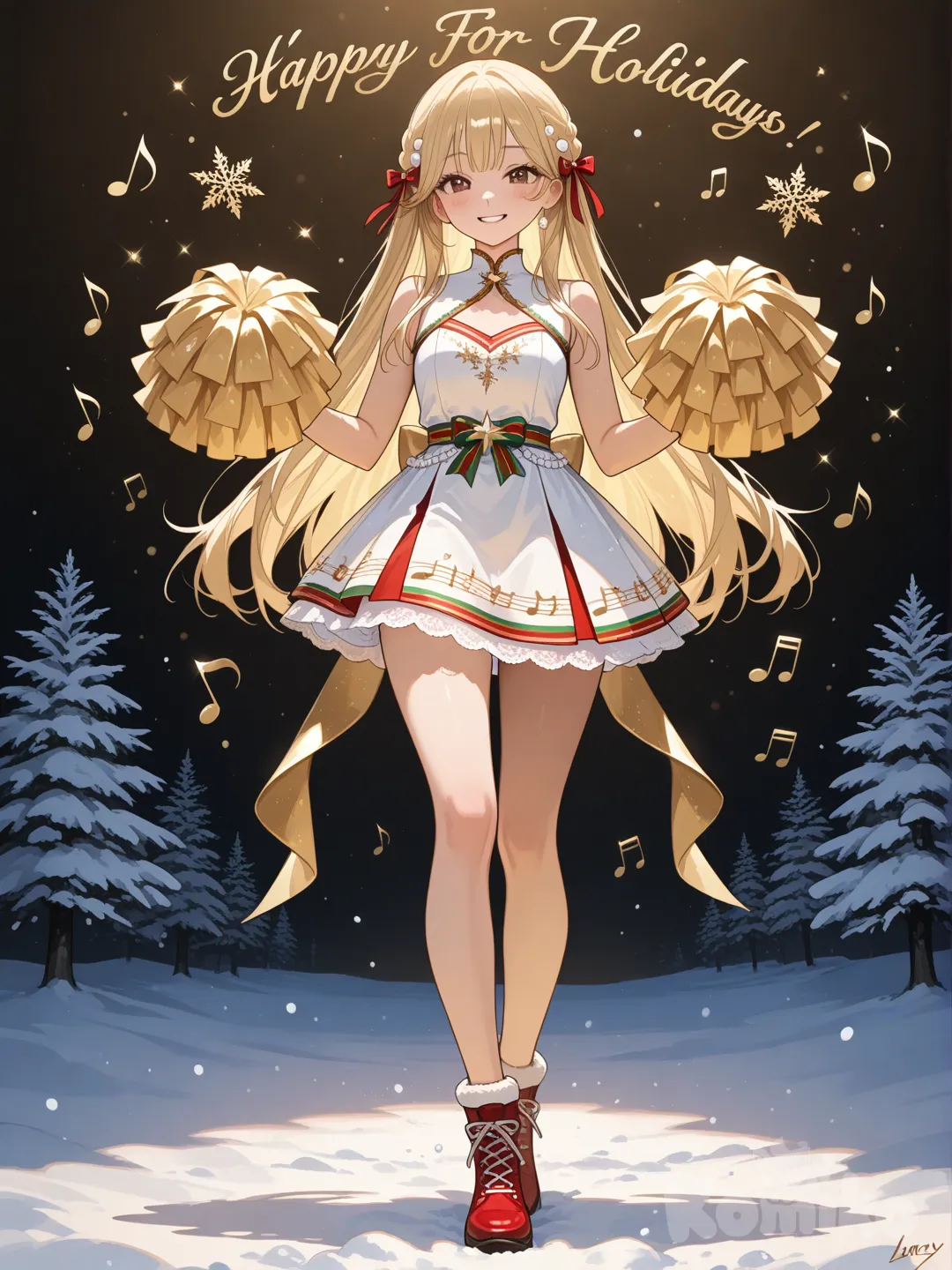 An ultra-photograph shows a full-length, athletic, beautiful, and slender 25-year-old woman with a realistic body. capturing a stunning woman stand with super-long, straight blonde hair Her brown eyes radiate confidence with a radiant smile a winter scene inspired in Christmas dressed in a white fur-trimmed mini dress with intricate lace details and a ribbon bow at the waist. Her hair is adorned with pearl strands and fluffy red pom-poms, adding a touch of whimsy. Holding a glowing snowflake in her hand, she exudes a sense of warmth and joy. The background features champagne gold fairy lights, snow-covered pine branches, and star-shaped ornaments, creating a festive atmosphere. A "Happy holidays" greeting, the artist's signature, and a tribute to the musical talent add an extra layer of charm to this visually stunning image. Su cabello luce liso y bien definido, con suaves notas musicales y el nombre "Luis Arcy" flotando suavemente alrededor de sus pies reflejando su pasión por la música y el arte.