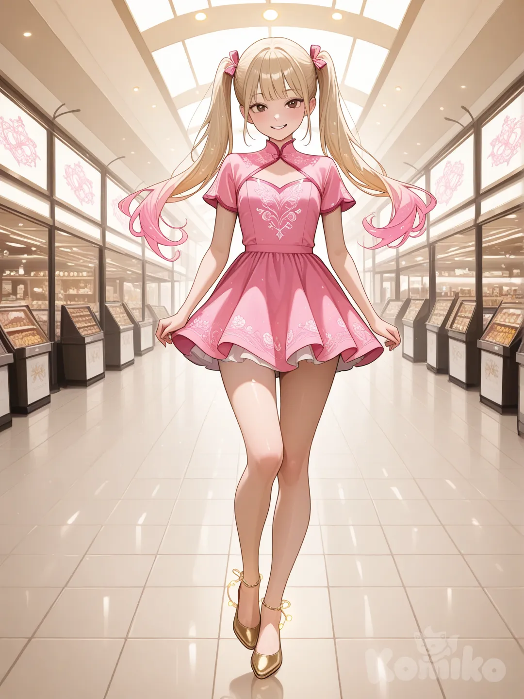 An ultra-photograph shows a full-length athletic young woman de 25 años, hermosa, con un cuerpo realista. with long, vibrant blonde hair in pigtails. Her brown eyes radiate confidence with a radiant smile. She is dressed in a captivating pink mini-dress. The background is a feminine space with soft gold tones, light pinks, and floral prints. The atmosphere is bright, fresh, and inspiring. In the background, a bustling shopping mall with festive Christmas lights is visible. Her hair is sleek and well-defined, with soft musical notes and the name "Luis Arcy" gently floating around her feet, reflecting her passion for music and art.