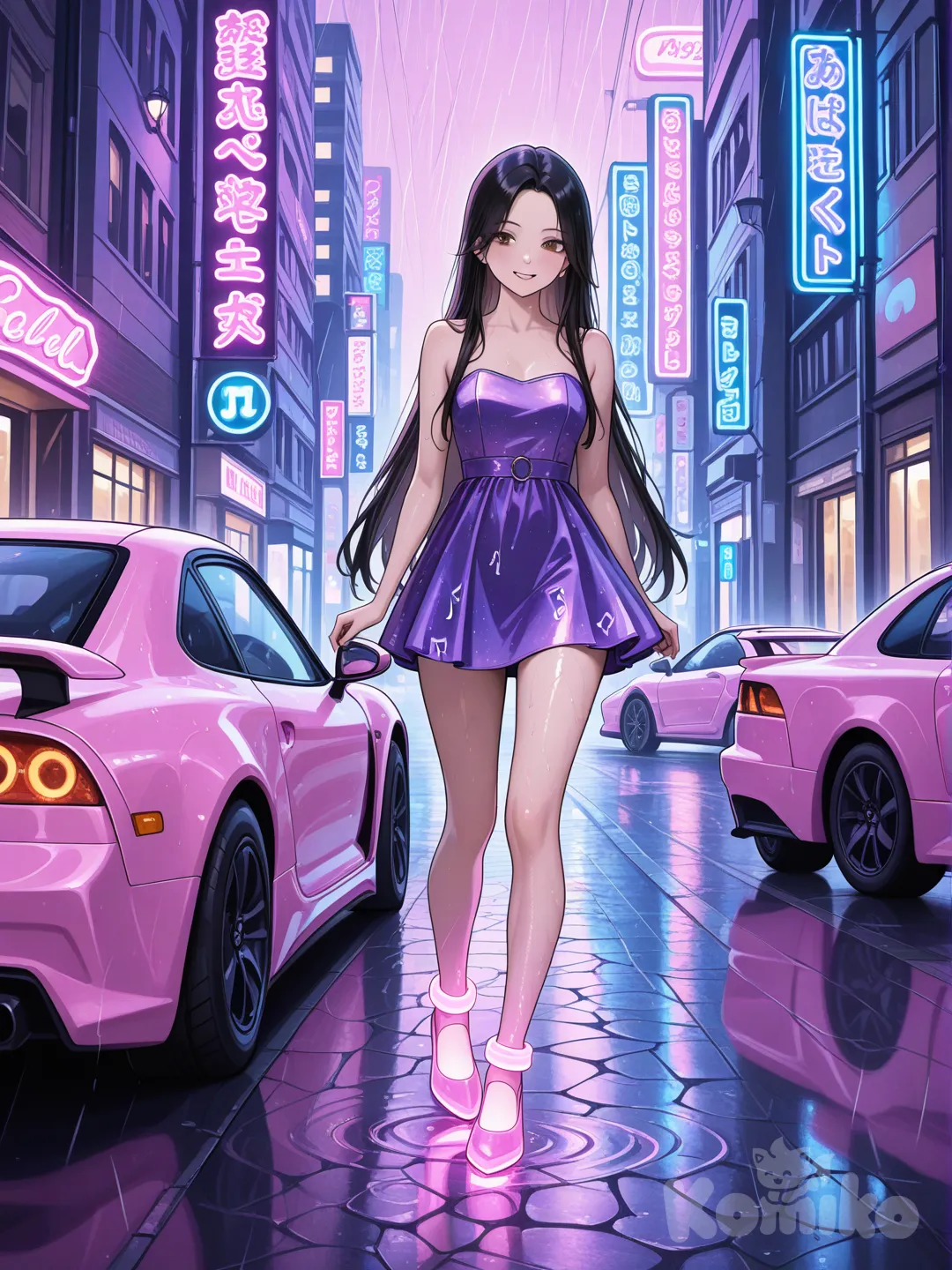 An ultra-photograph shows a full-length, athletic, beautiful, and slender 25-year-old woman with a realistic body. capturing a stunning woman stand with super-long, straight black hair Her brown eyes radiate confidence with a radiant smile wearing a strech and straple purple minidress emblazoned adorned with notas musicales, creating a playful and flirtatious atmosphere. radiating edgy sophistication against the urban nightscape. Behind her, a sleek pink Honda NSX NA1 with Enkei wheels and vibrant neon underglow stands prominently on a wet city street, its glossy paint reflecting the colorful lights from towering buildings adorned with bright neon signs. El fondo realza la silueta de la mujer. Su cabello luce liso y bien definido, con suaves notas musicales y el nombre "Luis Arcy" flotando suavemente alrededor de sus pies. The rain-slicked pavement mirrors the electric blues, purples, and pinks of the urban lighting, creating a warm, inviting atmosphere that envelops the mysterious scene in cinematic depth.
