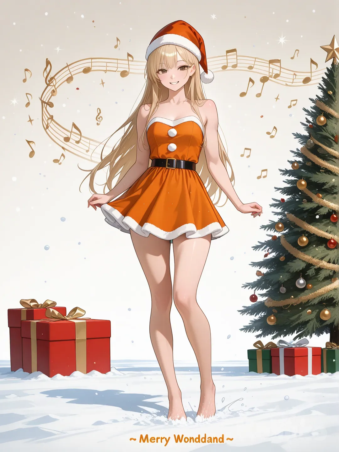 An ultra-photograph shows a full-length, athletic, beautiful, and slender 25-year-old woman with a realistic body. capturing a stunning woman stand with super-long, straight blonde hair Her brown eyes radiate confidence with a radiant smile dressed as a festive Santa Claus. She dons a stunning orange mini stretch dress intricately designe. Her blonde. The woman playfully poses, embodying the holiday spirit with her irresistible charm. Surrounded by a magical winter wonderland, the scene includes beautifully wrapped Christmas gifts, a lavishly decorated tree adorned with shimmering ornaments, and a dazzling array of festive decorations that together create an enchanting holiday atmosphere.Su cabello luce liso y bien definido, con suaves notas musicales y el nombre "Luis Arcy" flotando suavemente alrededor de sus pies reflejando su pasión por la música y el arte.
