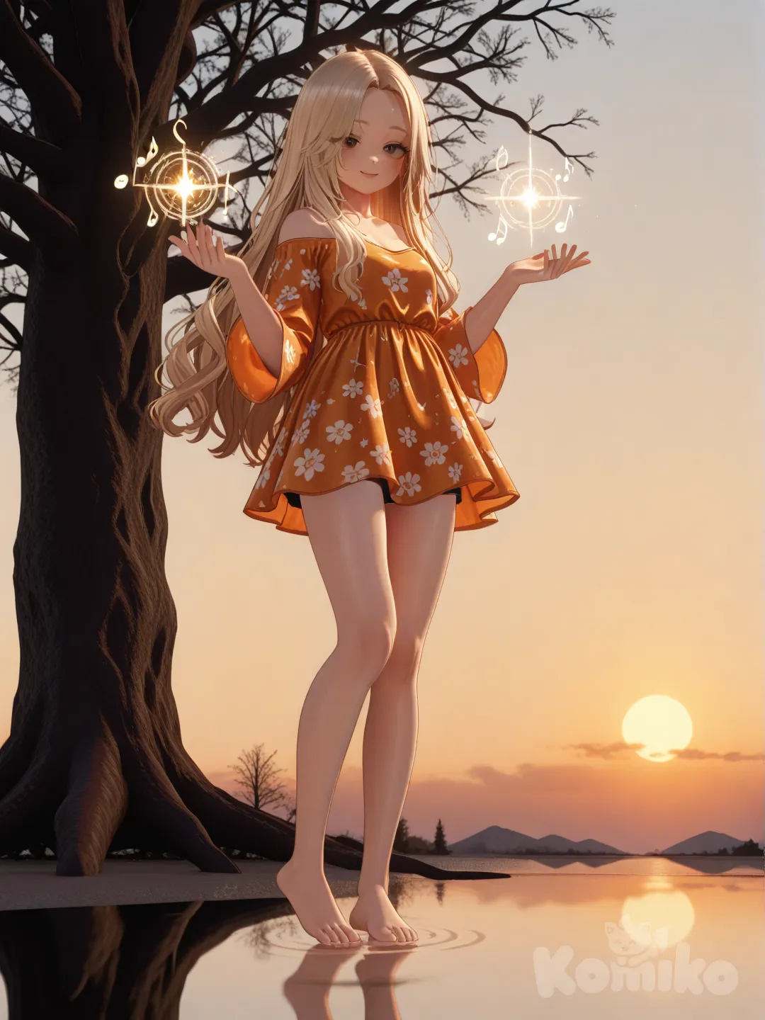 An ultra-photograph shows a full-length, athletic, beautiful, and slender 25-year-old woman with a realistic body. capturing a stunning woman stand with super-long, straight blonde hair Her brown eyes radiate confidence with a radiant smile wearing an off-the-shoulder orange floral minidress, standing gracefully beside a gnarled tree with gently swaying branches. The warm hues of the setting sun cast a golden glow over her elegant pose, enhancing the captivating atmosphere, as the background fades into a hazy, golden twilight. Su cabello luce liso y bien definido, con suaves notas musicales y el nombre "Luis Arcy" flotando suavemente alrededor de sus pies reflejando su pasión por la música y el arte., [3d-anime-style]