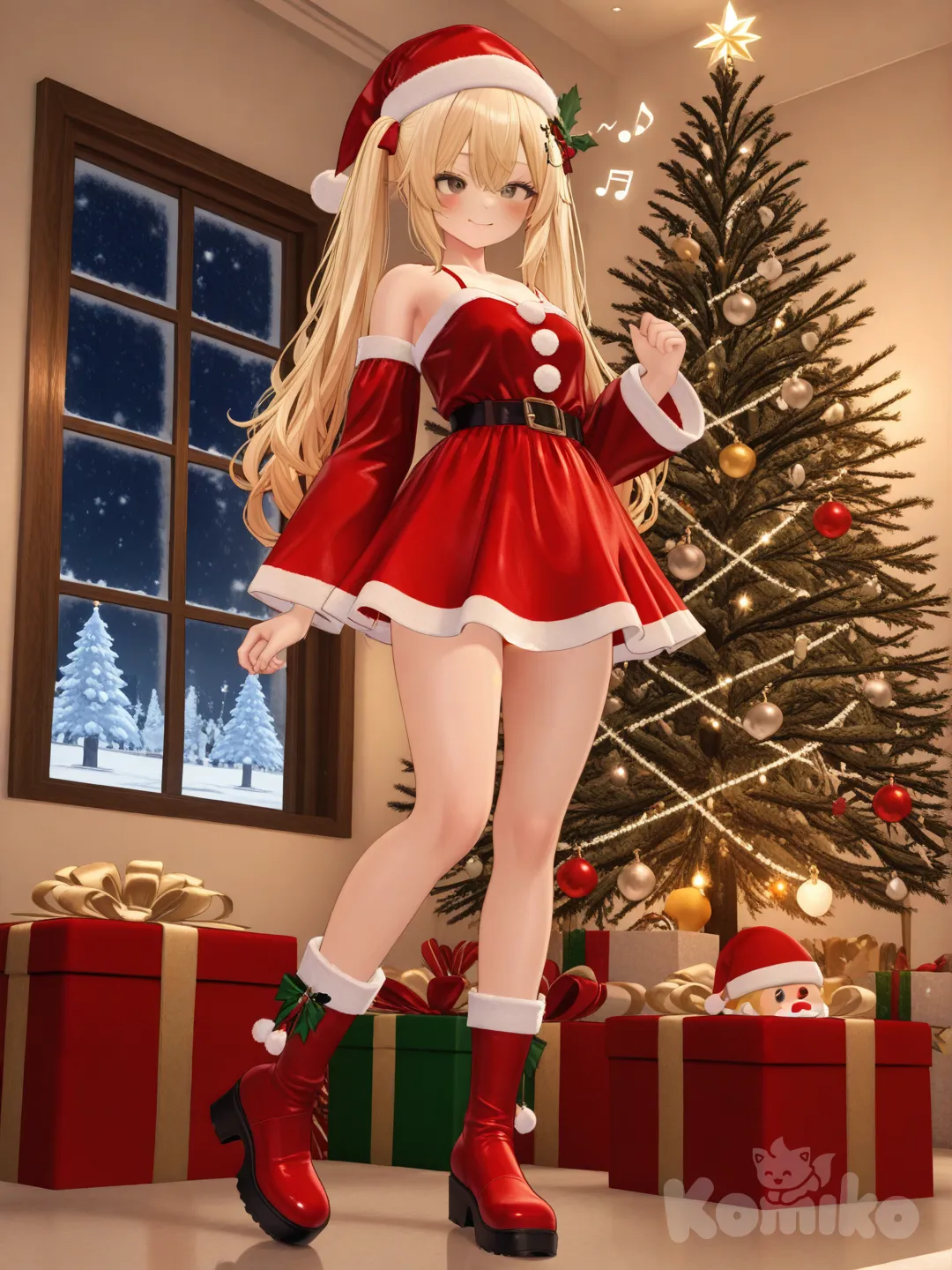 An ultra-photograph shows a full-length athletic young woman de 25 años, hermosa con un cuerpo realista. with long, vibrant blonde hair in pigtails. Her brown eyes radiate confidence with a radiant smile dressed as a festive Santa Claus. She dons a stunning purple mini stretch dress intricately designe. Her blonde. The woman playfully poses, embodying the holiday spirit with her irresistible charm. Surrounded by a magical winter wonderland, the scene includes beautifully wrapped Christmas gifts, a lavishly decorated tree adorned with shimmering ornaments, and a dazzling array of festive decorations that together create an enchanting holiday atmosphere.Su cabello luce liso y bien definido, con suaves notas musicales y el nombre "Luis Arcy" flotando suavemente alrededor de sus pies reflejando su pasión por la música y el arte., [3d-anime-style]