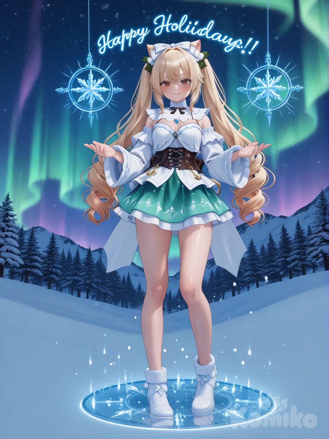 A highly photograph depicts a beautiful, realistic, full-body portrait of a 25-year-old athletic woman. Her long, vibrant blonde hair is styled in pigtails. Her brown eyes radiate confidence, and she wears a radiant smile. She sports a shimmering outfit, including a green miniskirt, standing in a winter wonderland adorned with snow-covered trees and twinkling lights. The sky is illuminated by the Northern Lights. The background features the phrase "Happy Holidays." The artwork has a resin-glass effect that adds depth to the image. The background accentuates the woman's silhouette. Her hair appears sleek and well-defined, with soft musical notes and the name "Luis Arcy" gently floating around her feet., [3d-anime-style]