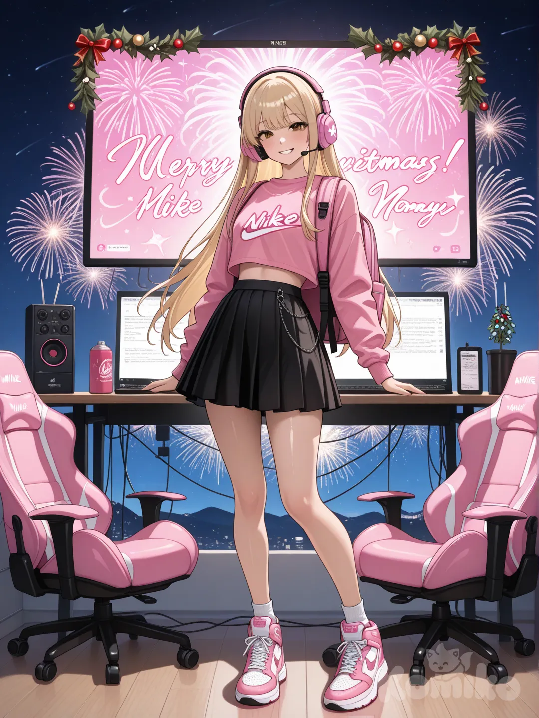 An ultra-photograph shows a full-length, athletic, beautiful, and slender 25-year-old woman with a realistic body. capturing a stunning woman stand with super-long, straight blonde hair Her brown eyes radiate confidence with a radiant smile She is impeccably styled in a shiny black croptop and a short, shiny black pleated skirt, accented by dazzling shiny pink Nike sneakers and a matching shiny pink rucksack resting beside a playful pink gaming chair and a pink gaming laptop displaying energetic visuals, complemented by a pink gaming headset; Set against a magical backdrop of colored lights and fireworks adorned with festive stars, snowflakes, and mistletoe, creating a playful and flirtatious atmosphere. The background is filled with a striking starry sky, adding depth and enchantment to the image. Festive decorations enhance the Christmas theme, transforming the scene into a captivating and unforgettable holiday memory. Su cabello luce liso y bien definido, con suaves notas musicales y el nombre "Luis Arcy" flotando suavemente alrededor de sus pies reflejando su pasión por la música y el arte.