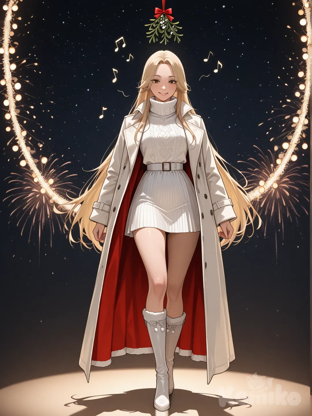 An ultra-photograph shows a full-length, athletic, beautiful, and slender 25-year-old woman with a realistic body. capturing a stunning woman stand with super-long, straight blonde hair Her brown eyes radiate confidence with a radiant smile with a realistic body captured in a moment of poised strength. She is elegantly dressed in a fitted deep white and red coat with a high collar, a flowing mini dress, and sophisticated knee-high boots, standing The overall scene is bathed in a warm, inviting light, enhancing the captivating and heartwarming essence of the holiday season Set against a magical backdrop of colored lights and fireworks adorned with festive stars, snowflakes, and mistletoe, creating a playful and flirtatious atmosphere. The background is filled with a striking starry sky, adding depth and enchantment to the image. Festive decorations enhance the Christmas theme, transforming the scene into a captivating and unforgettable holiday memory. Su cabello luce liso y bien definido, con suaves notas musicales y el nombre "Luis Arcy" flotando suavemente alrededor de ella reflejando su pasión por la música y el arte.