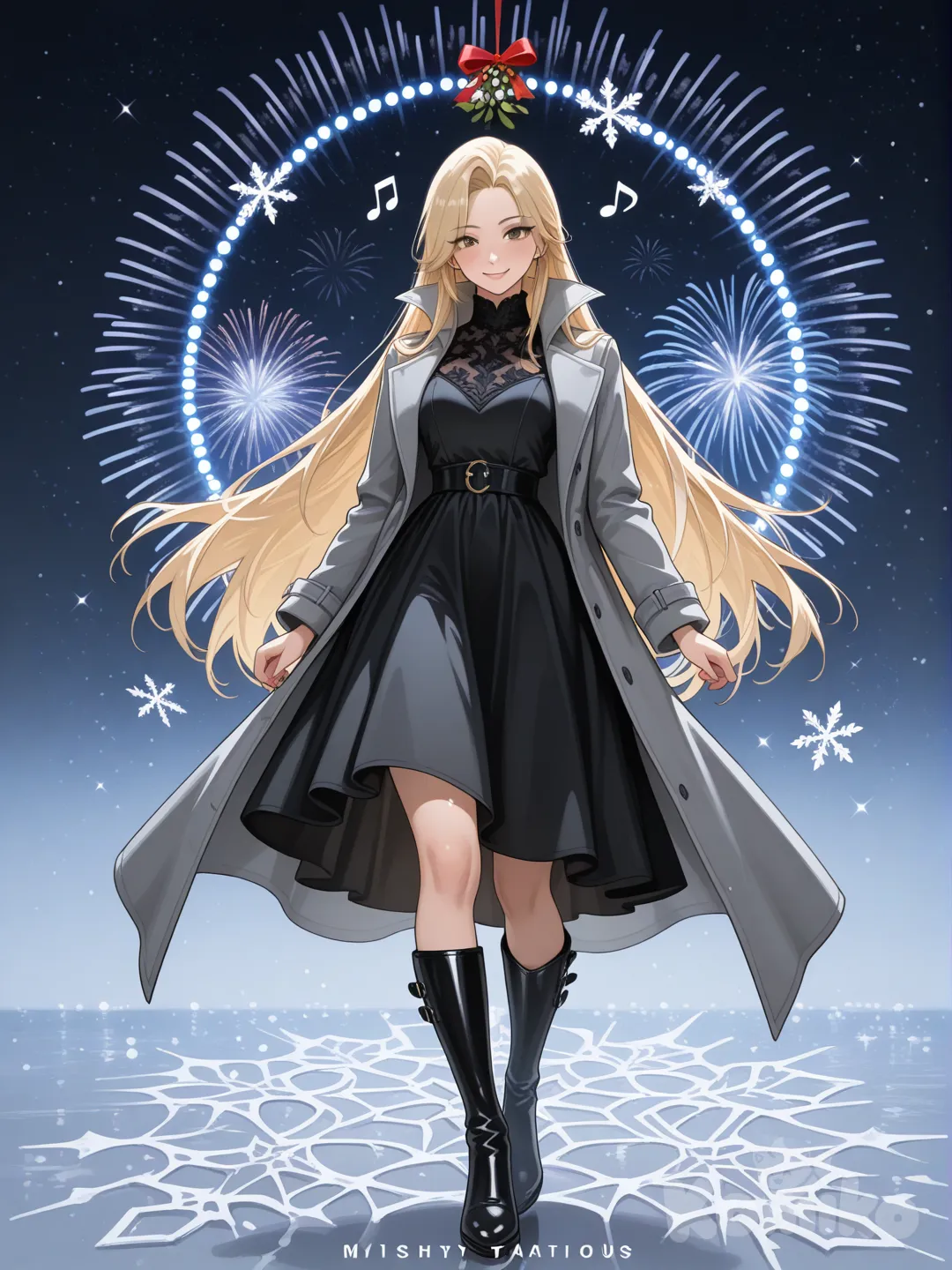 An ultra-photograph shows a full-length, athletic, beautiful, and slender 25-year-old woman with a realistic body. capturing a stunning woman stand with super-long, straight blonde hair Her brown eyes radiate confidence with a radiant smile with a realistic body exuding sophistication and mystique. She is dressed in a sleek deep grey and black ensemble, including a fitted coat with a high collar, a flowing dress, and knee-high boots. Set against a magical backdrop of colored lights and fireworks adorned with festive stars, snowflakes, and mistletoe, creating a playful and flirtatious atmosphere. The background is filled with a striking starry sky, adding depth and enchantment to the image. Festive decorations enhance the Christmas theme, transforming the scene into a captivating and unforgettable holiday memory. Su cabello luce liso y bien definido, con suaves notas musicales y el nombre "Luis Arcy" flotando suavemente alrededor de ella reflejando su pasión por la música y el arte.