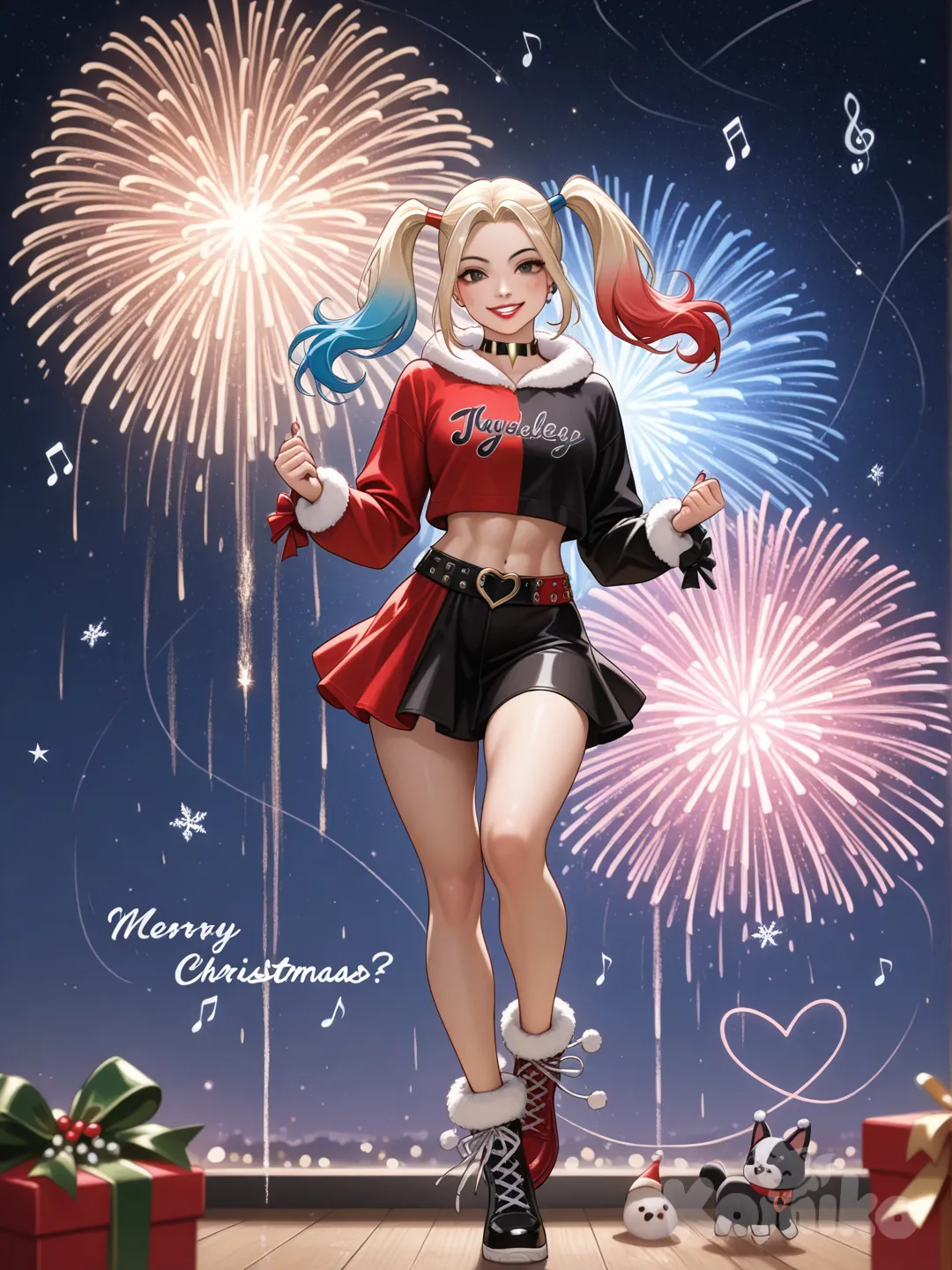 An ultra-photograph shows a full-length athletic young woman with long, vibrant blonde hair in pigtails. Her brown eyes radiate confidence with a radiant smile She embodies a modern, alluring interpretation of Harley Quinn, adorned in her signature short skirt and a meticulously costume of scarlet and onyx, evoking a sense of playful rebellion. Subtly luminous, ethereal musical notes drift gently around her, lending an air of sophisticated enchantment to the scene, Set against a magical backdrop of colored lights and fireworks adorned with festive stars, snowflakes, and mistletoe, creating a playful and flirtatious atmosphere. The background is filled with a striking starry sky, adding depth and enchantment to the image. Festive decorations enhance the Christmas theme, transforming the scene into a captivating and unforgettable holiday memory. Su cabello luce liso y bien definido, con suaves notas musicales y el nombre "Luis Arcy" flotando suavemente alrededor de sus pies reflejando su pasión por la música y el arte.