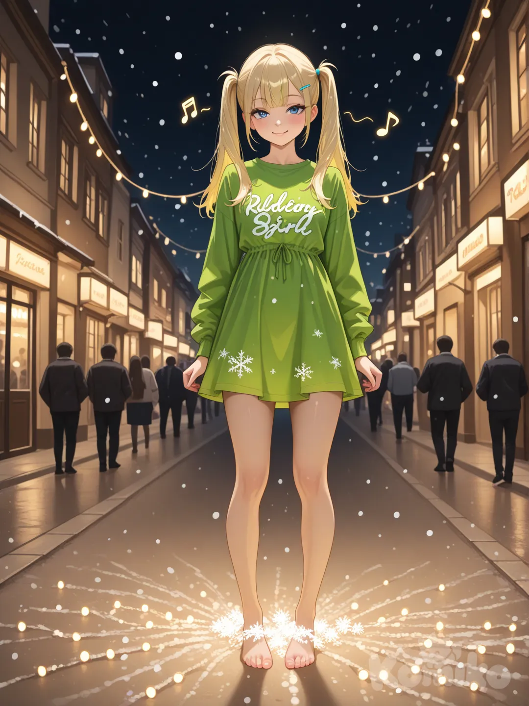 An ultra-photograph shows a full-length athletic young woman de 25 años, hermosa, con un cuerpo realista. with long, vibrant blonde hair in pigtails. Her brown eyes radiate confidence with a radiant smile exudes an irresistible presence. Her long, wavy hair boasts blonde highlights, accentuating her mesmerizing blue eyes. Dressed in a fitted green neon shirt dress, the text "Arcy's girl" is elegantly written in black lettering above a vibrant heart, adding a touch of personal flair. The city street behind her is illuminated by twinkling Christmas lights, snowflakes, and festive decorations, creating a warm and inviting atmosphere. The golden light envelops the scene, evoking a sense of serenity and joy, Su cabello luce liso y bien definido, con suaves notas musicales y el nombre "Luis Arcy" flotando suavemente alrededor de sus pies reflejando su pasión por la música y el arte.