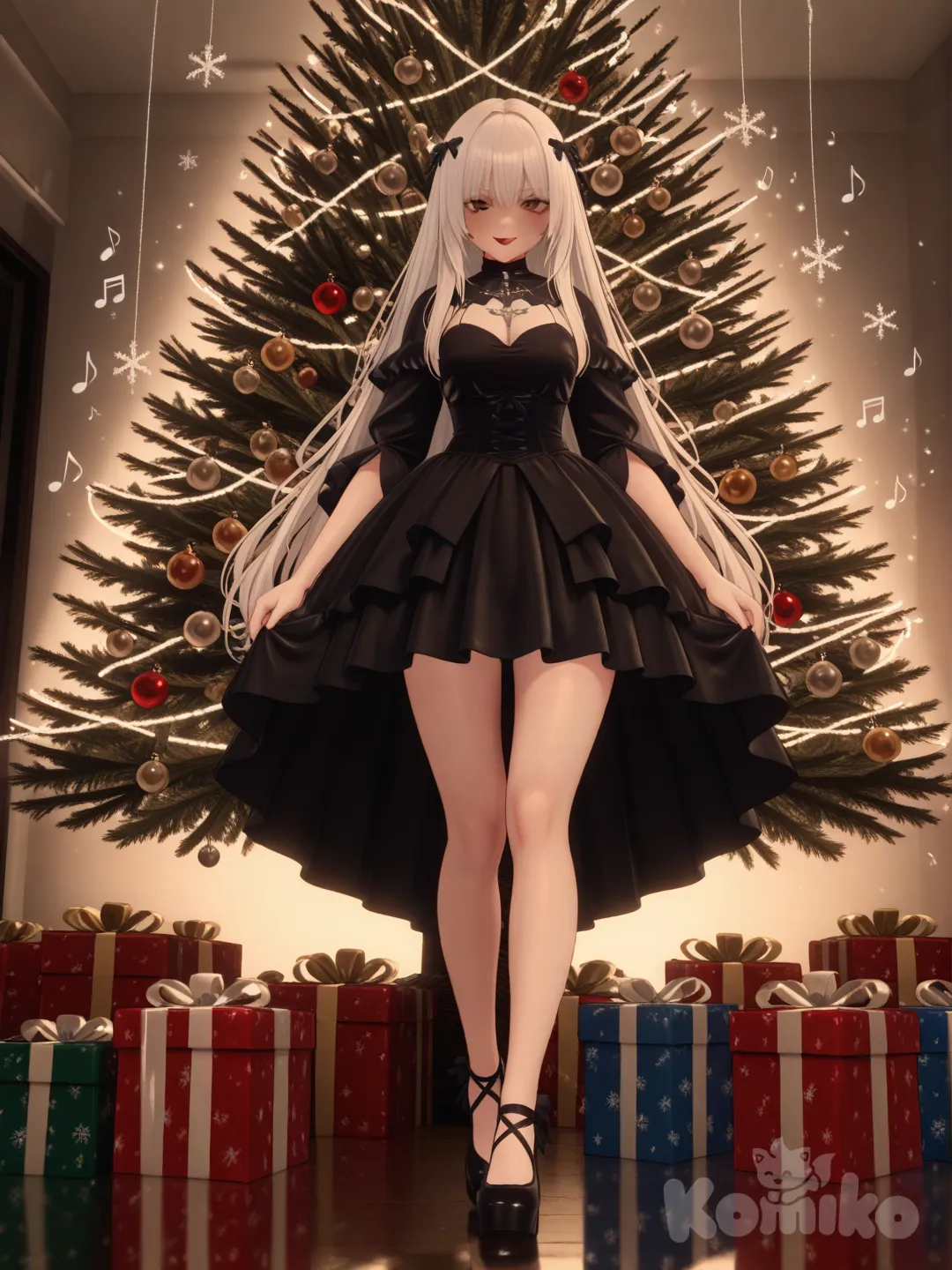 An ultra-photograph shows a full-length, athletic, beautiful, and slender 25-year-old woman with a realistic body. capturing a stunning woman standing with super long, straight white hair. Her brown eyes radiate confidence with a radiant smile with pure white hair, surrounded by gently floating snow. Her striking blood-red lips are curved into a captivating smile, and the edge of a gothic-style black and red mini dress is visible. The background showcases a beautifully decorated Christmas tree, adorned with shimmering ornaments and wrapped in intricate lights. Surrounding the tree are exquisitely wrapped Christmas gifts, and the festive atmosphere is enhanced by a dazzling array of decorations. The overall ambiance of the scene is enchanting and magical, evoking a sense of wonder and joy. Su cabello luce liso y bien definido, con suaves notas musicales y el nombre "Luis Arcy" flotando suavemente alrededor de sus pies reflejando su pasión por la música y el arte., [3d-anime-style]