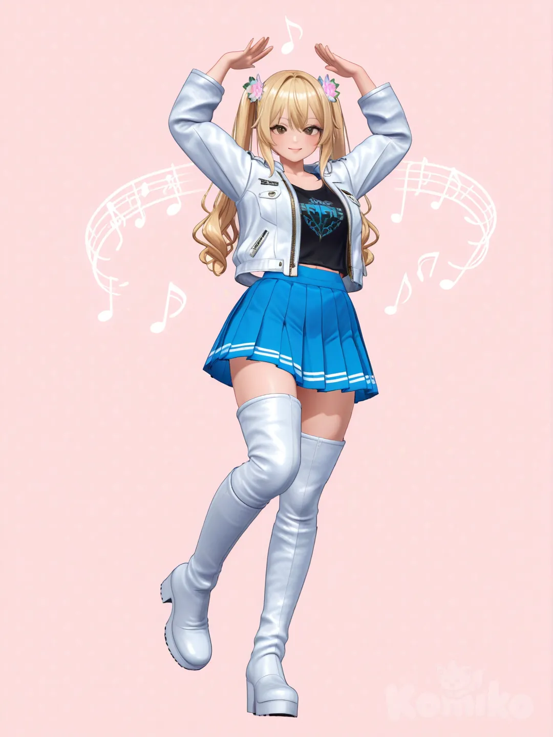 An ultra-photograph shows a full-length athletic young woman de 25 años, hermosa, con un cuerpo realista. with long, vibrant blonde hair in pigtails. Her brown eyes radiate confidence with a radiant smile , wearing a modern white leather jacket over a blue pleated miniskirt, paired with tall white leather boots. She gently raises her hands, The extravagant pink background, adorned with delicate floral prints, enhances the cheerful and elegant atmosphere. Soft, warm lighting casts a gentle glow around her, highlighting her figure, musical notes, and the text "Luis Arcy" at her feet, adding a touch of artistic charm., [3d-anime-style]