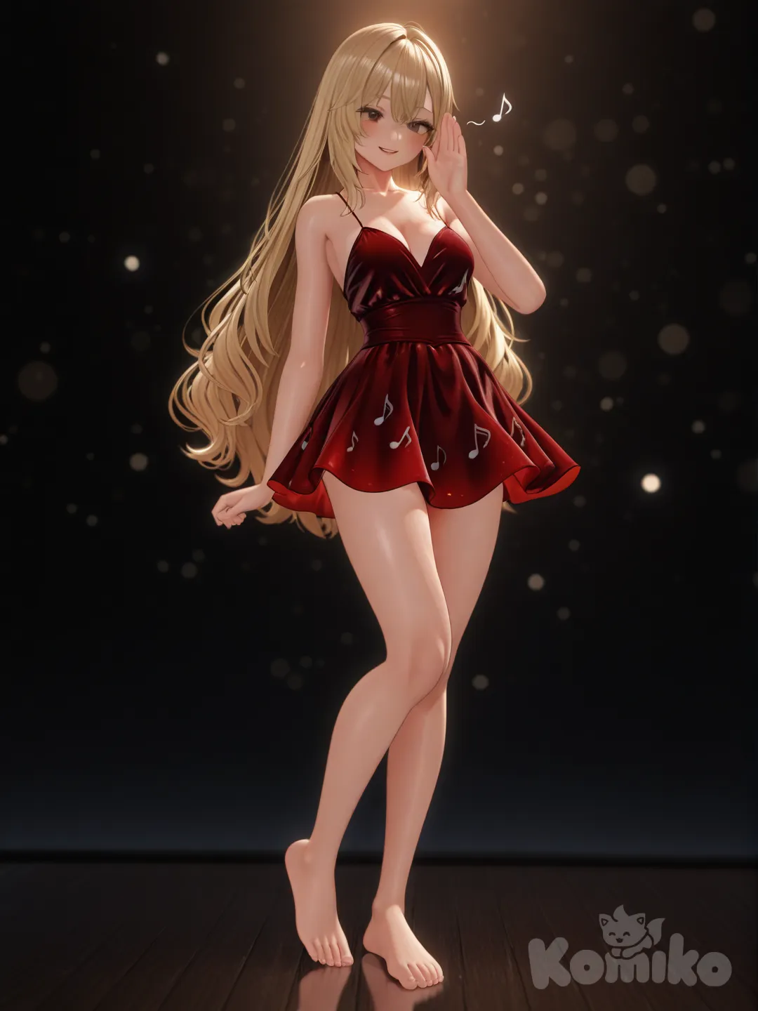 An ultra-photograph shows a full-length, athletic, beautiful, and slender 25-year-old woman with a realistic body. capturing a stunning woman stand with super-long, straight blonde hair Her brown eyes radiate confidence with a radiant smile standing slightly turned, showing off her midnight red silk minidress with delicate spaghetti straps. She whispers "Luis Arcy" with a subtle smile; her relaxed posture contrasts perfectly with the dress's sophisticated design. A warm, diffused light bathes her figure, creating a shallow depth of field that gently blurs the background into a diffuse, elegant darkness. El fondo realza la silueta de la mujer. Su cabello luce liso y bien definido, con suaves notas musicales y el nombre "Luis Arcy" flotando suavemente alrededor de sus pies., [3d-anime-style]