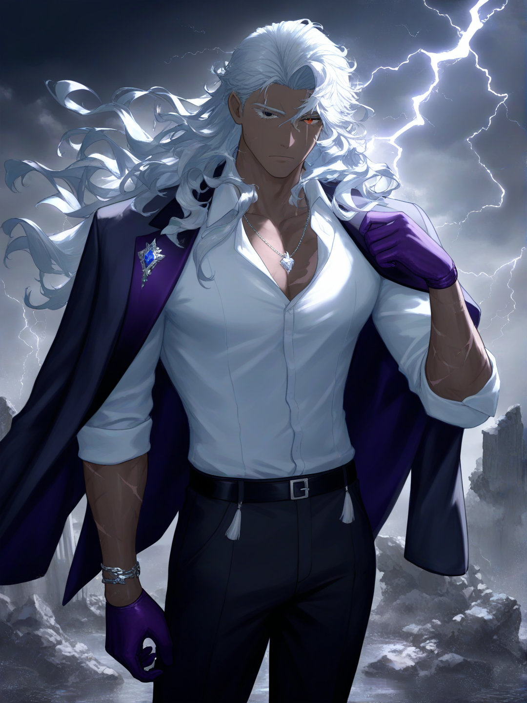 [moody-glow-style], 1boy, mature, tall, scrawny, athletic, gray hair, long hair, silver hair, wavy hair, red eyes, scar, tan skin, dark skin, suit pants, tuxedo, suit, tassels, plastic, tie, necklace, jewelry, bracelet, gray eyes
homme dominant aux beaux yeux il a des longs cils argentés et il a un regard percent mais qui cache un passé traumatisant et profond il a des yeux d'un mélange de couleur entre rouge et orange il a un cicatrice sur un de ces yeux !!!
Ca peau est un peut métisse et bronzé ! Il a des cicatrices sur ses bras et son torse.
Il est grand et mince mais il a un corp assez athlétique.
il a 19 ans !
il porte un costume Violet foncé avec une chemise blanche une cravate noir et une veste ses épaules .
Il a des accessoires un collier des bracelet des bijoux en argent et des décoration sur ces vêtements il est très élégant et chic il porte des gants violet.
la scène est incroyable il est sur une falaise il a une orage et des champs de glaces il fait très froid et il pleut il y'a des ruines de partout !
Il est très beau mais ont sait qu'il est triste et a mal a cause de la vie il a tué plein de personnes et on a tué ses parents il a un traumatisme et son regard et sombre et vide a cause de ca