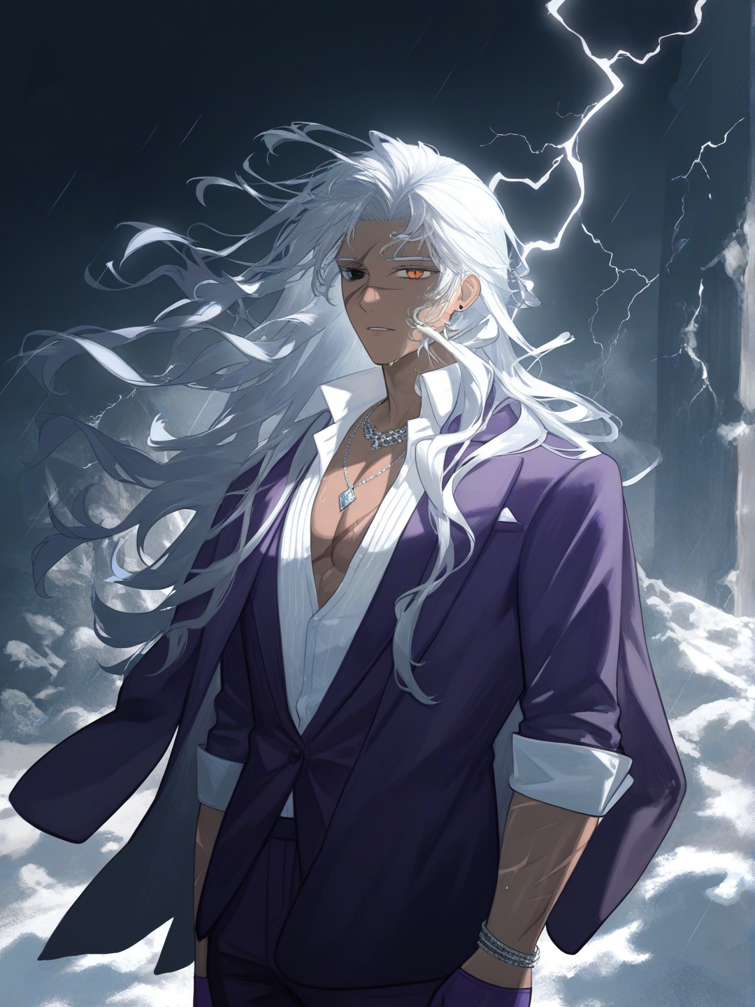 [moody-glow-style], 1boy, mature, tall, scrawny, athletic, gray hair, long hair, silver hair, wavy hair, red eyes, scar, tan skin, dark skin, suit pants, tuxedo, suit, tassels, plastic, tie, necklace, jewelry, bracelet, gray eyes
homme dominant aux beaux yeux il a des longs cils argentés et il a un regard percent mais qui cache un passé traumatisant et profond il a des yeux d'un mélange de couleur entre rouge et orange il a un cicatrice sur un de ces yeux !!!
Ca peau est un peut métisse et bronzé ! Il a des cicatrices sur ses bras et son torse.
Il est grand et mince mais il a un corp assez athlétique.
il a 19 ans !
il porte un costume Violet foncé avec une chemise blanche une cravate noir et une veste ses épaules .
Il a des accessoires un collier des bracelet des bijoux en argent et des décoration sur ces vêtements il est très élégant et chic il porte des gants violet.
la scène est incroyable il est sur une falaise il a une orage et des champs de glaces il fait très froid et il pleut il y'a des ruines de partout !
Il est très beau mais ont sait qu'il est triste et a mal a cause de la vie il a tué plein de personnes et on a tué ses parents il a un traumatisme et son regard et sombre et vide a cause de ca