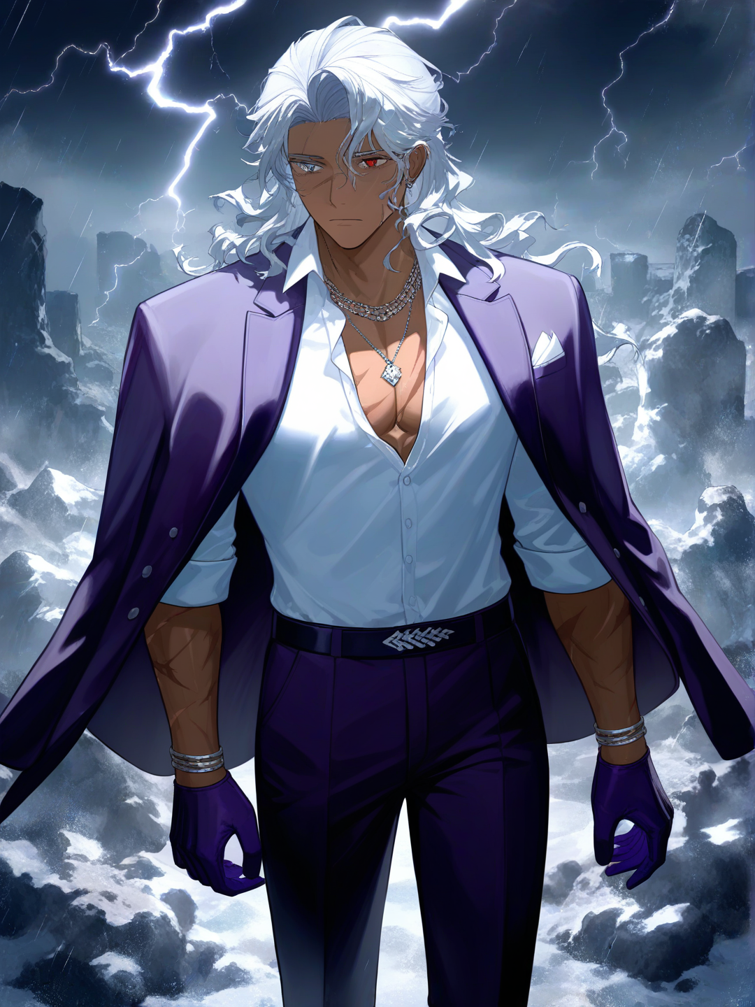 [moody-glow-style], 1boy, mature, tall, scrawny, athletic, gray hair, silver hair, wavy hair, red eyes, scar, tan skin, dark skin, suit pants, tuxedo, suit, tassels, plastic, tie, necklace, jewelry, bracelet, gray eyes
homme dominant aux beaux yeux il a des longs cils argentés et il a un regard percent mais qui cache un passé traumatisant et profond il a des yeux d'un mélange de couleur entre rouge et orange il a un cicatrice sur un de ces yeux !!!
Ca peau est un peut métisse et bronzé ! Il a des cicatrices sur ses bras et son torse.
Il est grand et mince mais il a un corp assez athlétique.
il a 19 ans !
il porte un costume Violet foncé avec une chemise blanche une cravate noir et une veste ses épaules .
Il a des accessoires un collier des bracelet des bijoux en argent et des décoration sur ces vêtements il est très élégant et chic il porte des gants violet.
la scène est incroyable il est sur une falaise il a une orage et des champs de glaces il fait très froid et il pleut il y'a des ruines de partout !
Il est très beau mais ont sait qu'il est triste et a mal a cause de la vie il a tué plein de personnes et on a tué ses parents il a un traumatisme et son regard et sombre et vide a cause de ca