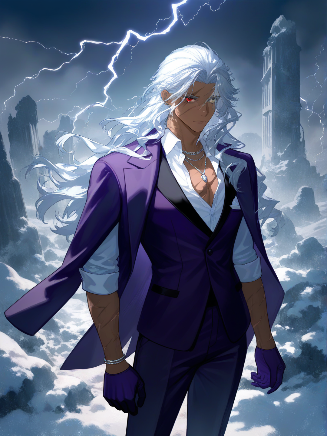 [moody-glow-style], 1boy, mature, tall, scrawny, athletic, gray hair, silver hair, wavy hair, red eyes, scar, tan skin, dark skin, suit pants, tuxedo, suit, tassels, plastic, tie, necklace, jewelry, bracelet, gray eyes
homme dominant aux beaux yeux il a des longs cils argentés et il a un regard percent mais qui cache un passé traumatisant et profond il a des yeux d'un mélange de couleur entre rouge et orange il a un cicatrice sur un de ces yeux !!!
Ca peau est un peut métisse et bronzé ! Il a des cicatrices sur ses bras et son torse.
Il est grand et mince mais il a un corp assez athlétique.
il a 19 ans !
il porte un costume Violet foncé avec une chemise blanche une cravate noir et une veste ses épaules .
Il a des accessoires un collier des bracelet des bijoux en argent et des décoration sur ces vêtements il est très élégant et chic il porte des gants violet.
la scène est incroyable il est sur une falaise il a une orage et des champs de glaces il fait très froid et il pleut il y'a des ruines de partout !
Il est très beau mais ont sait qu'il est triste et a mal a cause de la vie il a tué plein de personnes et on a tué ses parents il a un traumatisme et son regard et sombre et vide a cause de ca