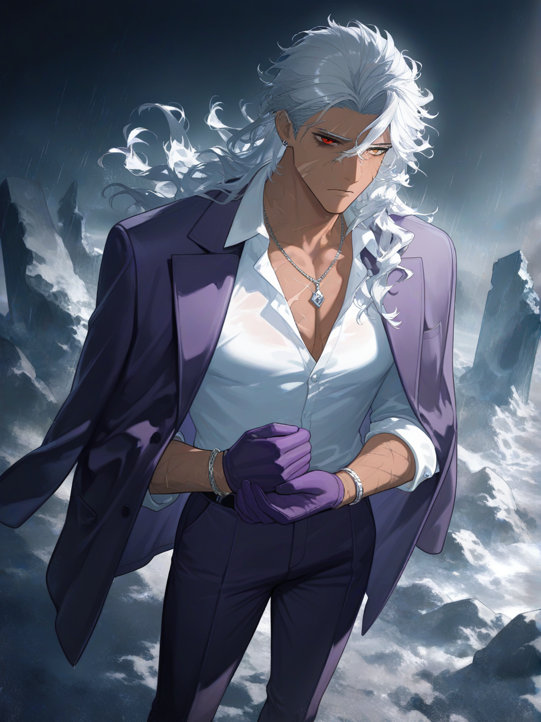 [moody-glow-style], 1boy, mature, tall, scrawny, athletic, gray hair, silver hair, wavy hair, red eyes, scar, tan skin, dark skin, suit pants, tuxedo, suit, tassels, plastic, tie, necklace, jewelry, bracelet, gray eyes
homme dominant aux beaux yeux il a des longs cils argentés et il a un regard percent mais qui cache un passé traumatisant et profond il a des yeux d'un mélange de couleur entre rouge et orange il a un cicatrice sur un de ces yeux !!!
Ca peau est un peut métisse et bronzé ! Il a des cicatrices sur ses bras et son torse.
Il est grand et mince mais il a un corp assez athlétique.
il a 19 ans !
il porte un costume Violet foncé avec une chemise blanche une cravate noir et une veste ses épaules .
Il a des accessoires un collier des bracelet des bijoux en argent et des décoration sur ces vêtements il est très élégant et chic il porte des gants violet.
la scène est incroyable il est sur une falaise il a une orage et des champs de glaces il fait très froid et il pleut il y'a des ruines de partout !
Il est très beau mais ont sait qu'il est triste et a mal a cause de la vie il a tué plein de personnes et on a tué ses parents il a un traumatisme et son regard et sombre et vide a cause de ca