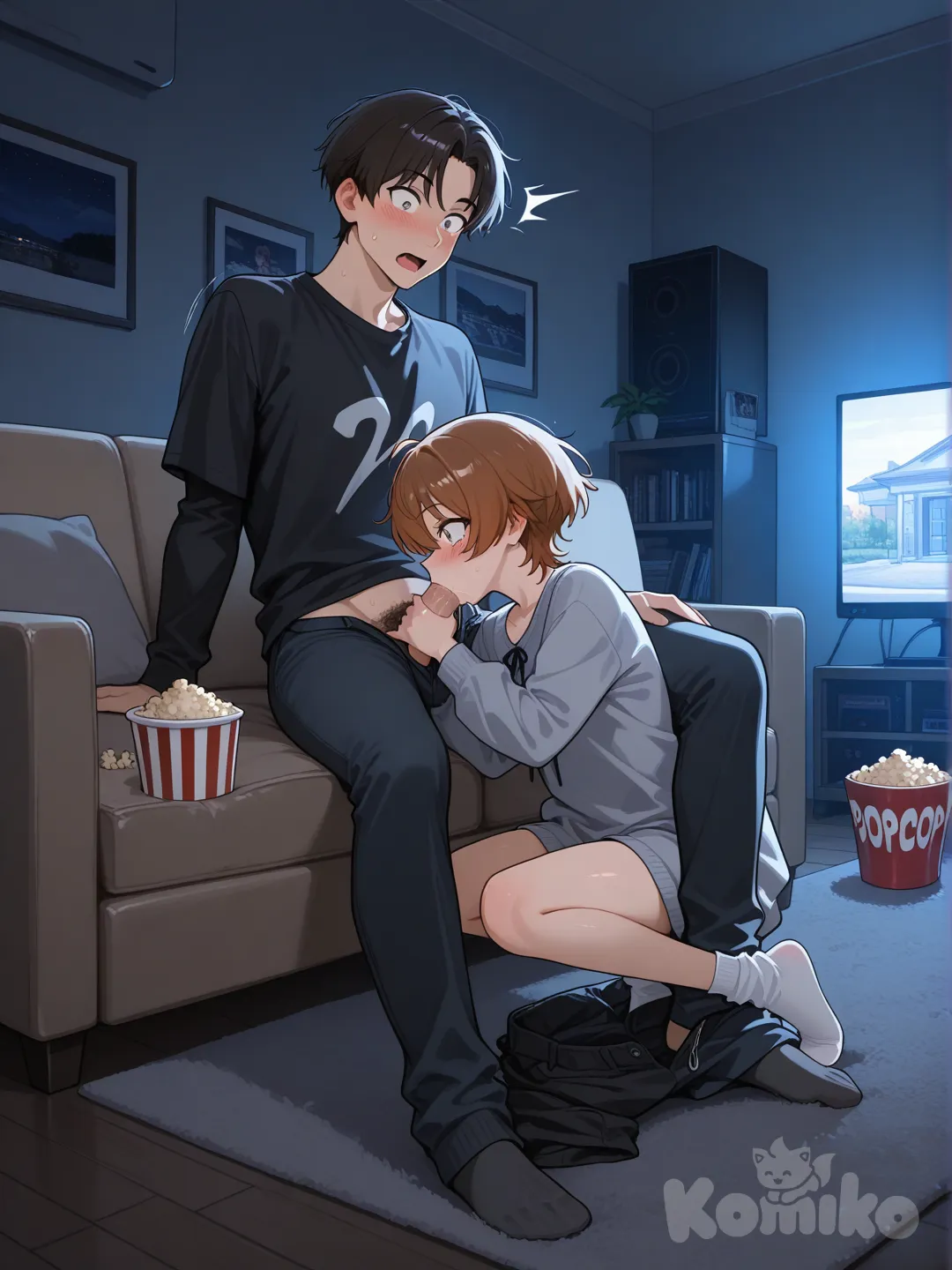 Two guys in socks are watching a movie, one reaches for popcorn and accidentally puts his hand on a friend's cock, who gets excited and makes him suck his dick