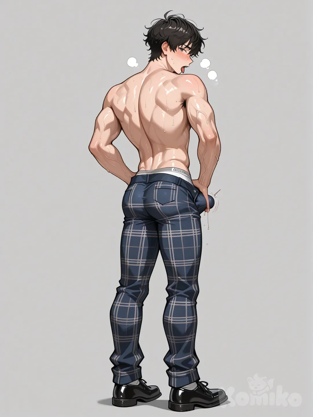 hazme a este chicchico delgado six pack masturbandose que su pene salga de la cremallera del pantalos, con cndon y semen, cara de exitación y guapo que se vea de espaldas peludo y que se le remarquen las venas de los brasos y pene, flaco de la espalda desnalgado y sapato negro y pantalon escolar de cuadros que este parado y se vea sudadoo con el cuerpo y cara que se le marque el bulto en su calzon que el calzon cubra su pene parado que no tenga ropa y que se vea sudado y que no se vea el pene encima del boxer si no que nadamas se vea el bulto y que la tela lo cubra la tela del boxer que desaparezca el pene