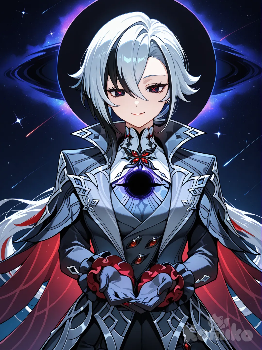 Гигантская @Arlecchino_(Genshin_Impact) в темной мантии и красных демонических глазах на темя головы, и тянет из темноты руку к черной дыре пытаясь схватить ее улыбаясь, космос, мертвые звезды, богиня, одиссея, звезда, Черная дыра, black hole
