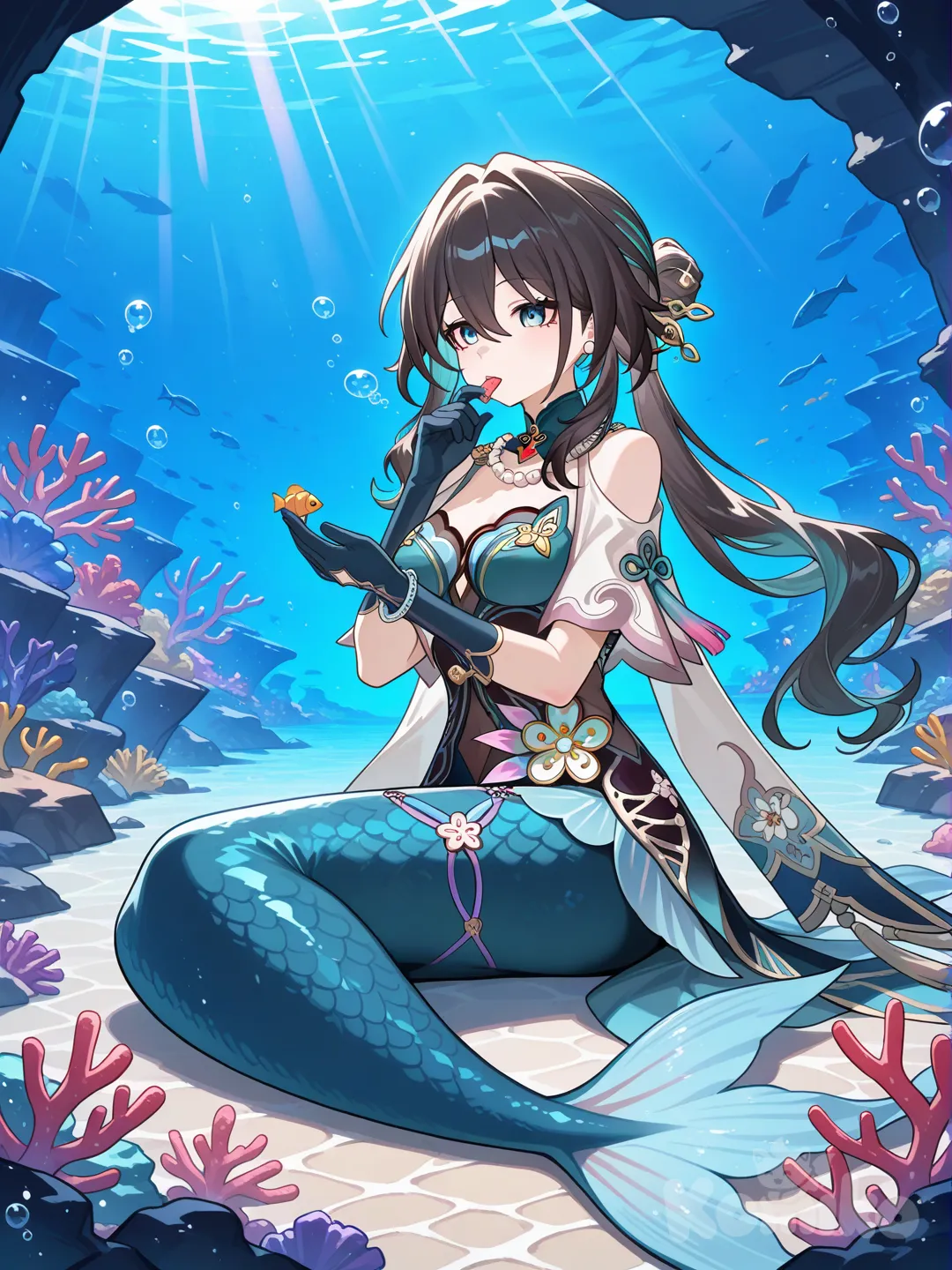 @Ruan_Mei_(Honkai:Star_Rail) в форме русалки, исследует кораллы пробуя на вкус их, подводный мир, морское дно, кораллы, русалка