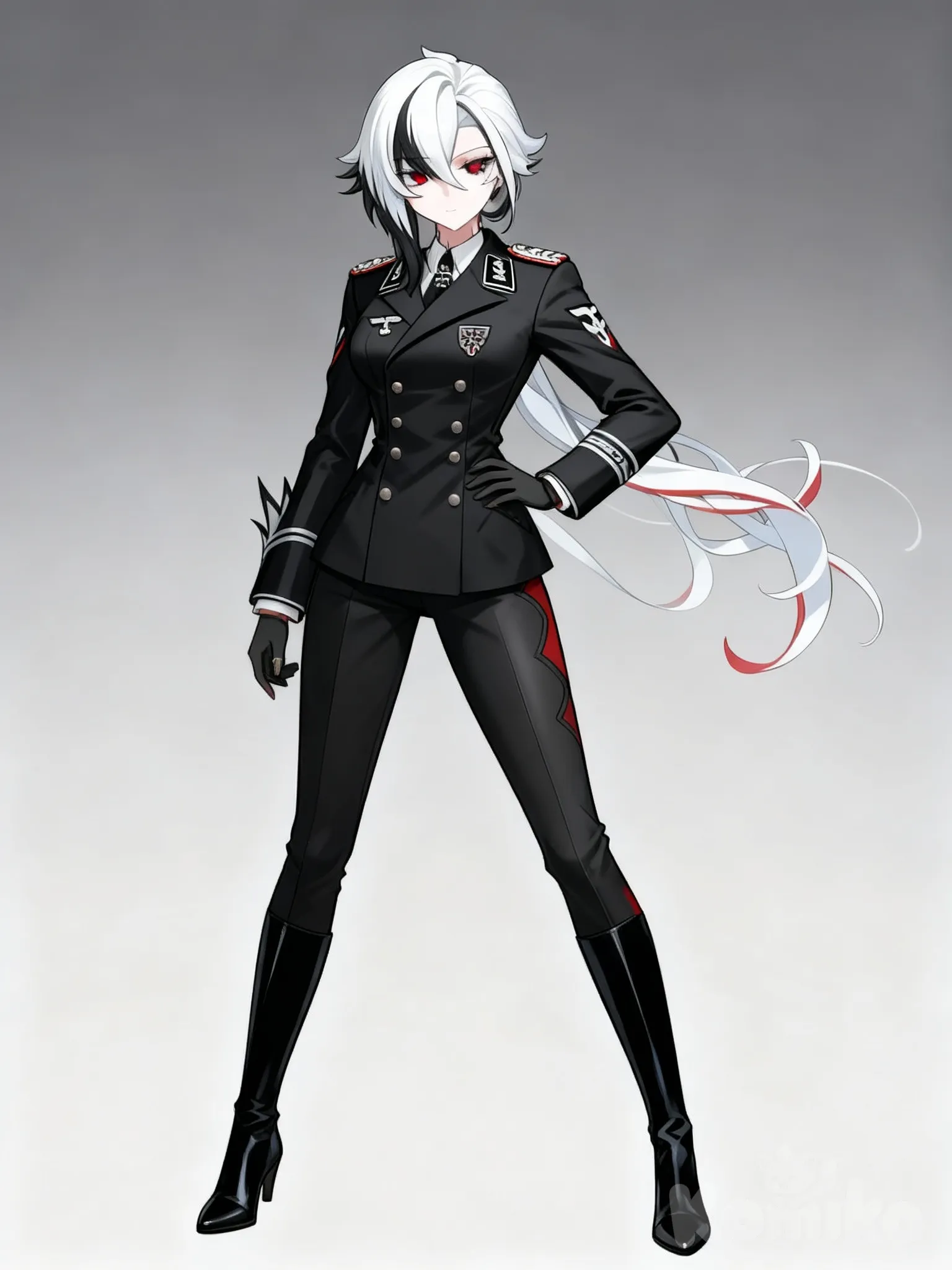 @Arlecchino_(Genshin_Impact) в военной немецкой униформе черного цвета, во весь рост