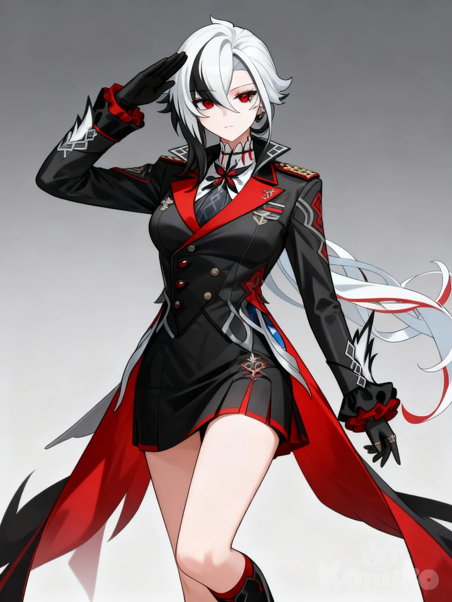 @Arlecchino_(Genshin_Impact) в военной форме с юбкой, отдаёт честь