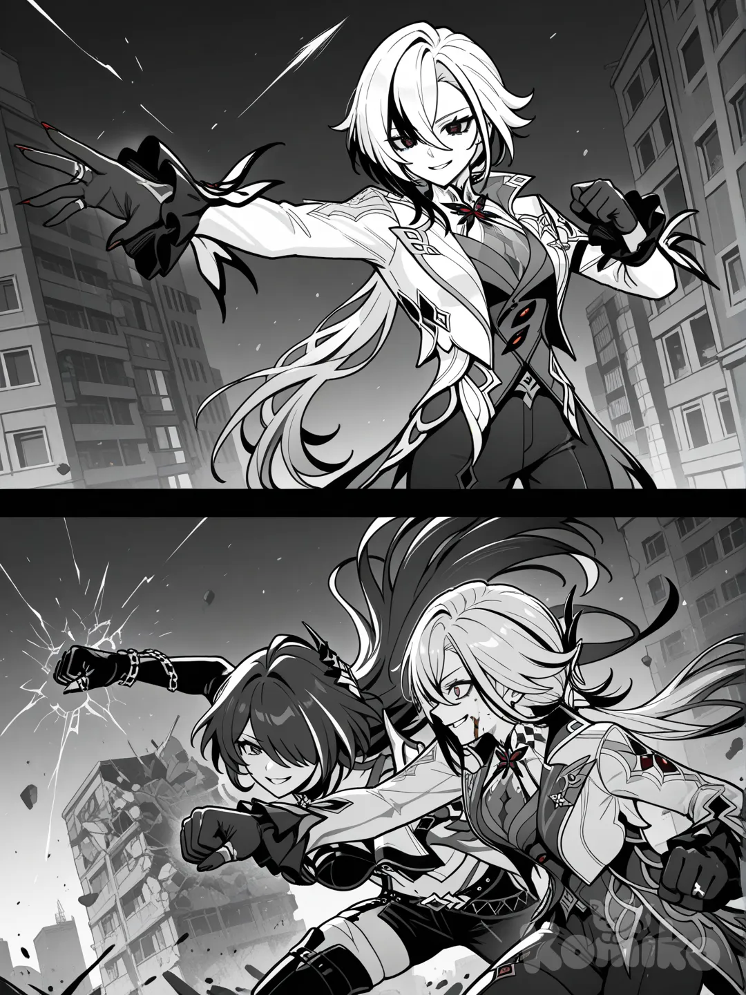 Acheron_(Honkai:Star_Rail) дерётся с Arlecchino_(Genshin_Impact) улыбаясь как сумасшедшие в крови и своими ударами ломают здание