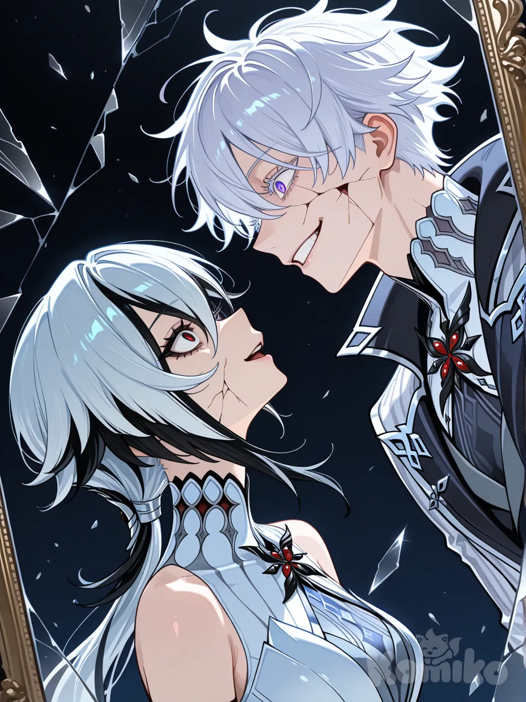 Тела @Arlecchino_(Genshin_Impact) и @Gojou_Satoru раскалываются в осколки, но они улыбаются как безумцы с раскрытыми глазами и широкими открытыми улыбками, поллица каждого в профиль, по пояс, безумие, осколки зеркала
